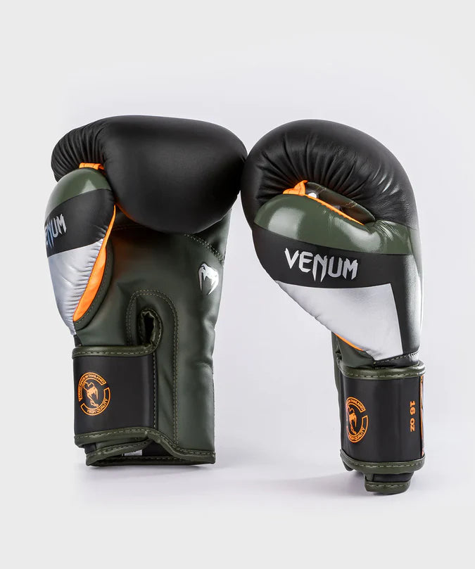 Venum Elite Boxing Gloves - Black/Silver/Khaki Image 2