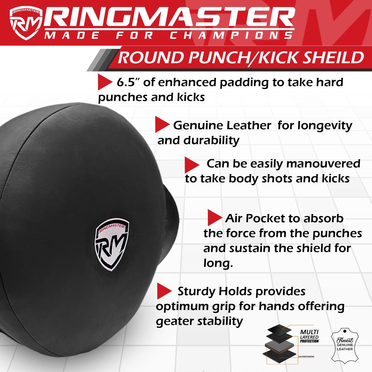 RingMaster Sports Round Punch Kick Shield Large Genuine Leather Black - RINGMASTER SPORTS - Made For Champions