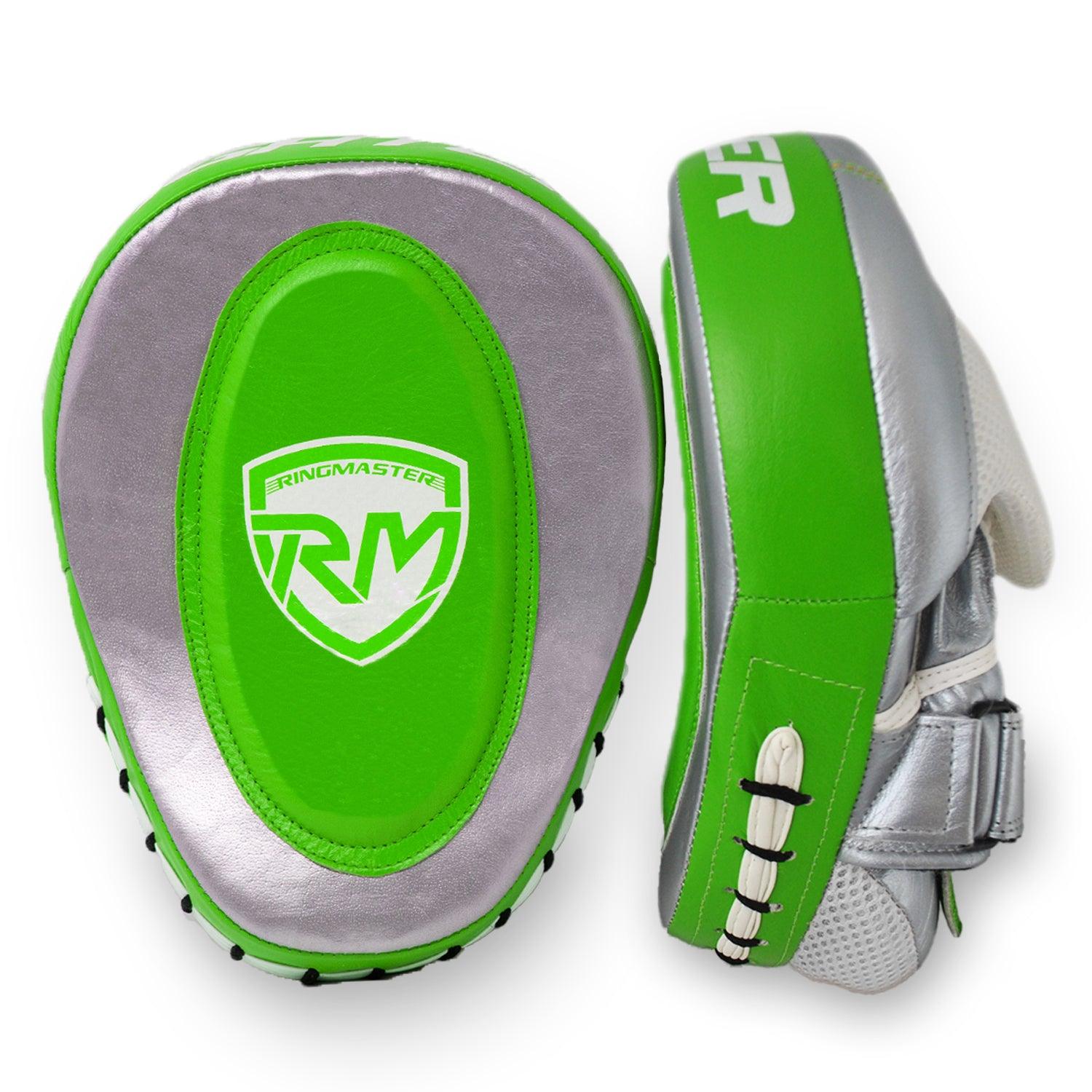 Hook and Jab Pads, boxing pads, punching pad, focus pads, kickboxing pads, focus pads boxing, boxing pad price, focus mitts, sparring pads, boxing gloves and pads, Ringmaster Sports Boxing Equipment, Ringmaster Sports Boxing pads, Focus pads Genuine Leather PGL 3.0 Series Green and Silver