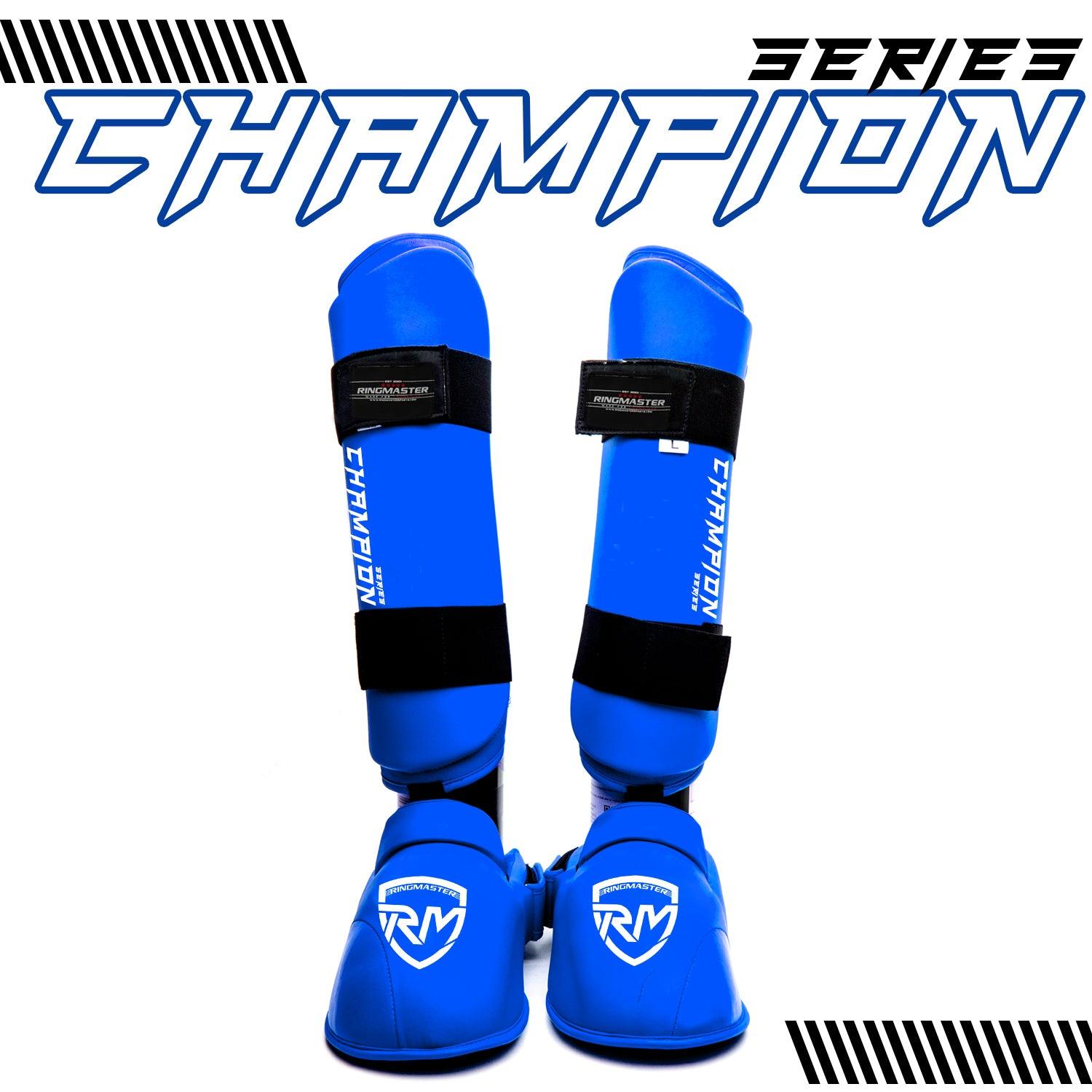 RingMaster Sports Synthetic Leather WKF Styled Kids Karate Shin Instep Guards Blue martial arts image 2