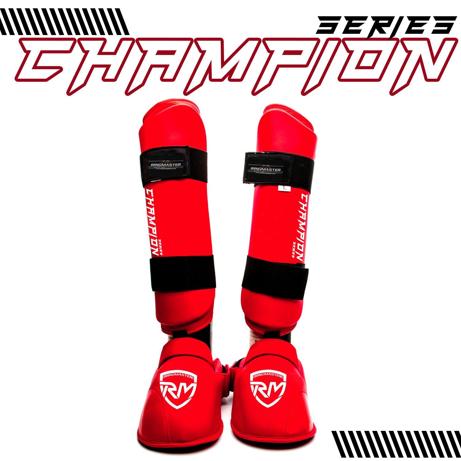 RingMaster Sports Synthetic Leather WKF Styled Kids Karate Shin Instep Guards Red martial arts image 2