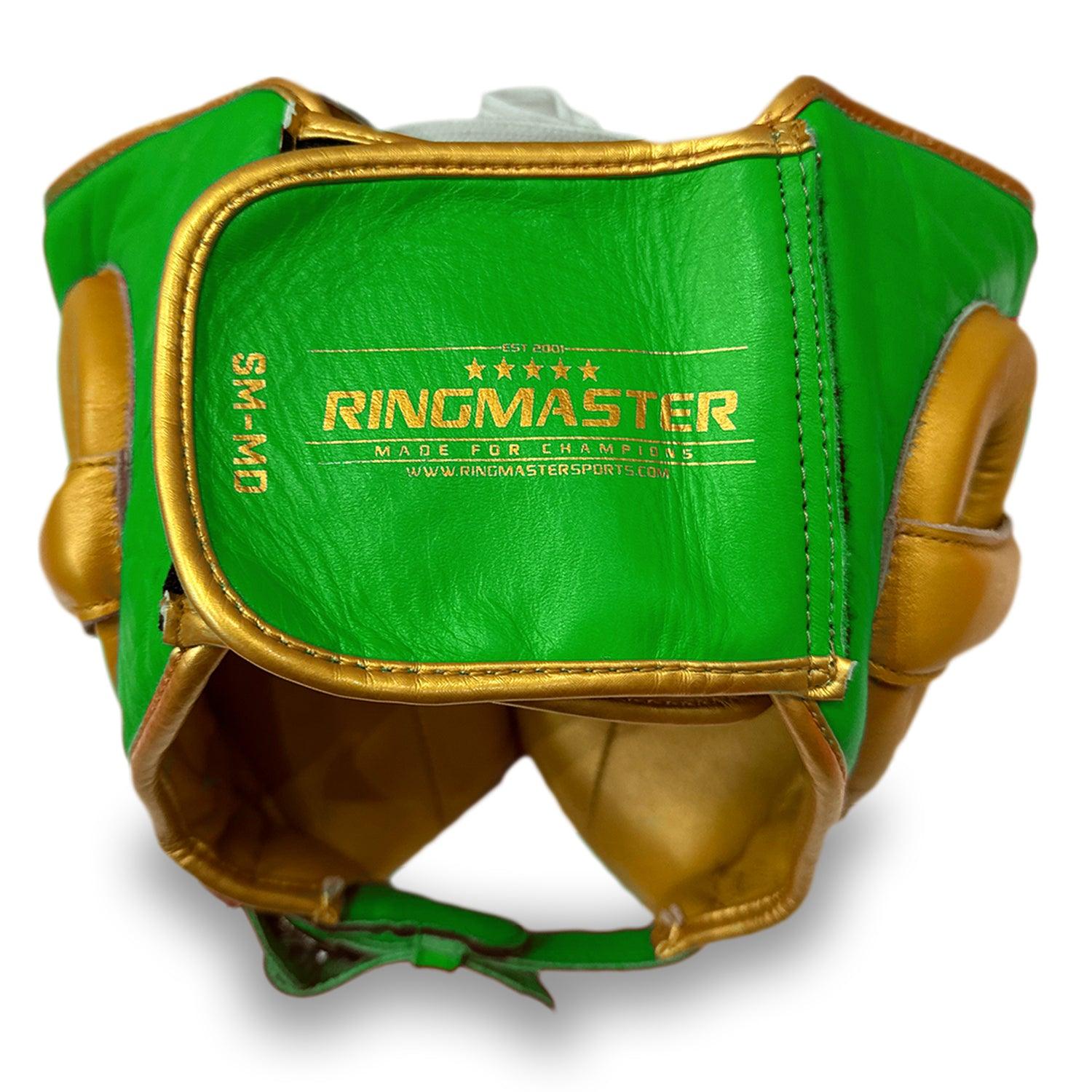 Head guard Boxing, Best boxing head guard, boxing head guard uk, boxing head guard junior, boxing head guard kids, boxing head guard open face, Boxing head guard for sale, face guard boxing, boxing headgear, chin cheek head guard, Head guard Boxing Green and Gold, Ringmaster Sports Head guard, Ringmaster Sports Equipment, Ringmaster boxing Equipment