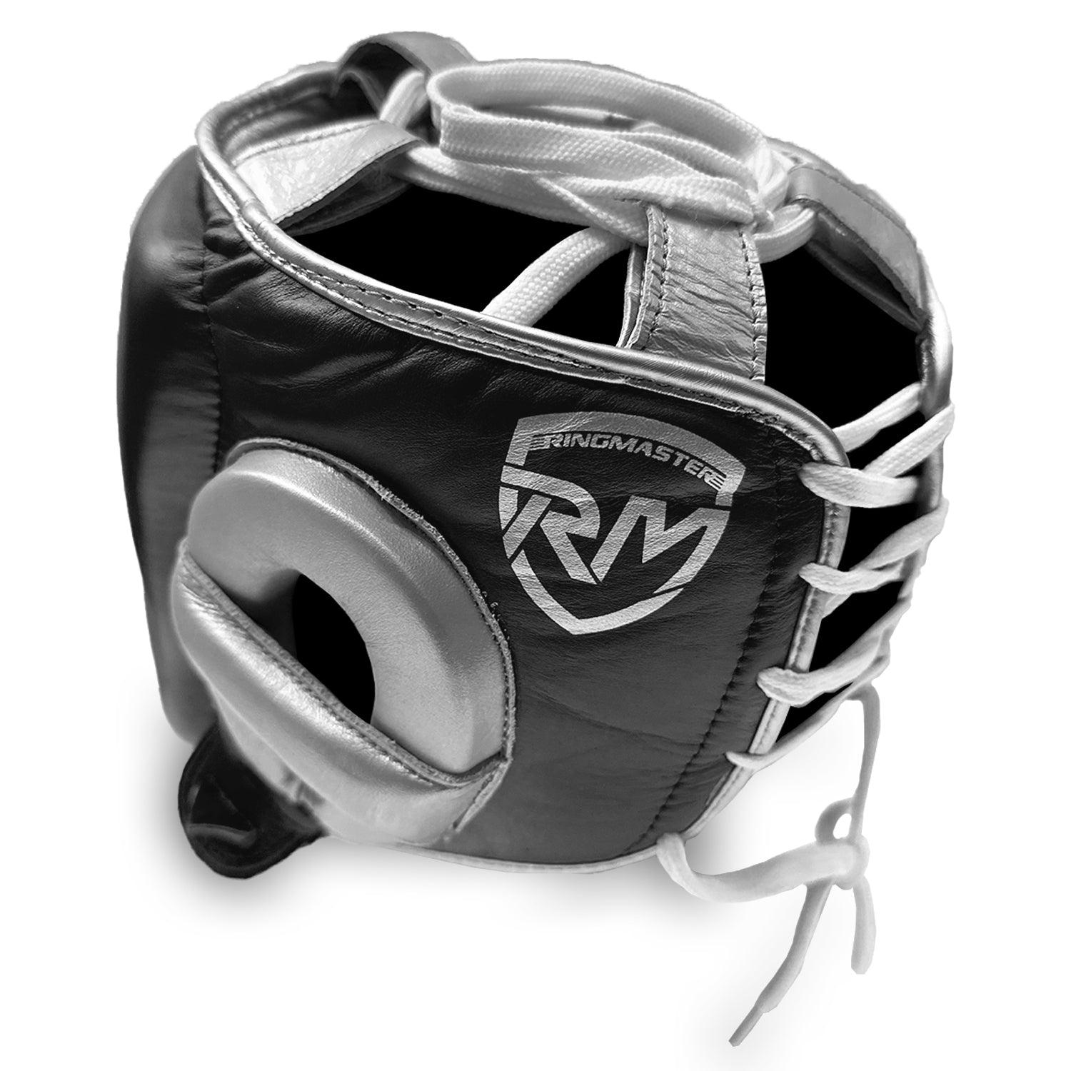 Head guard Boxing, Best boxing head guard, boxing head guard uk, boxing head guard junior, boxing head guard kids, boxing head guard open face, Boxing head guard for sale, face guard boxing, boxing headgear, chin cheek head guard, Head guard Boxing black silver, Ringmaster Sports Head guard, Ringmaster Sports Equipment, Ringmaster boxing Equipment