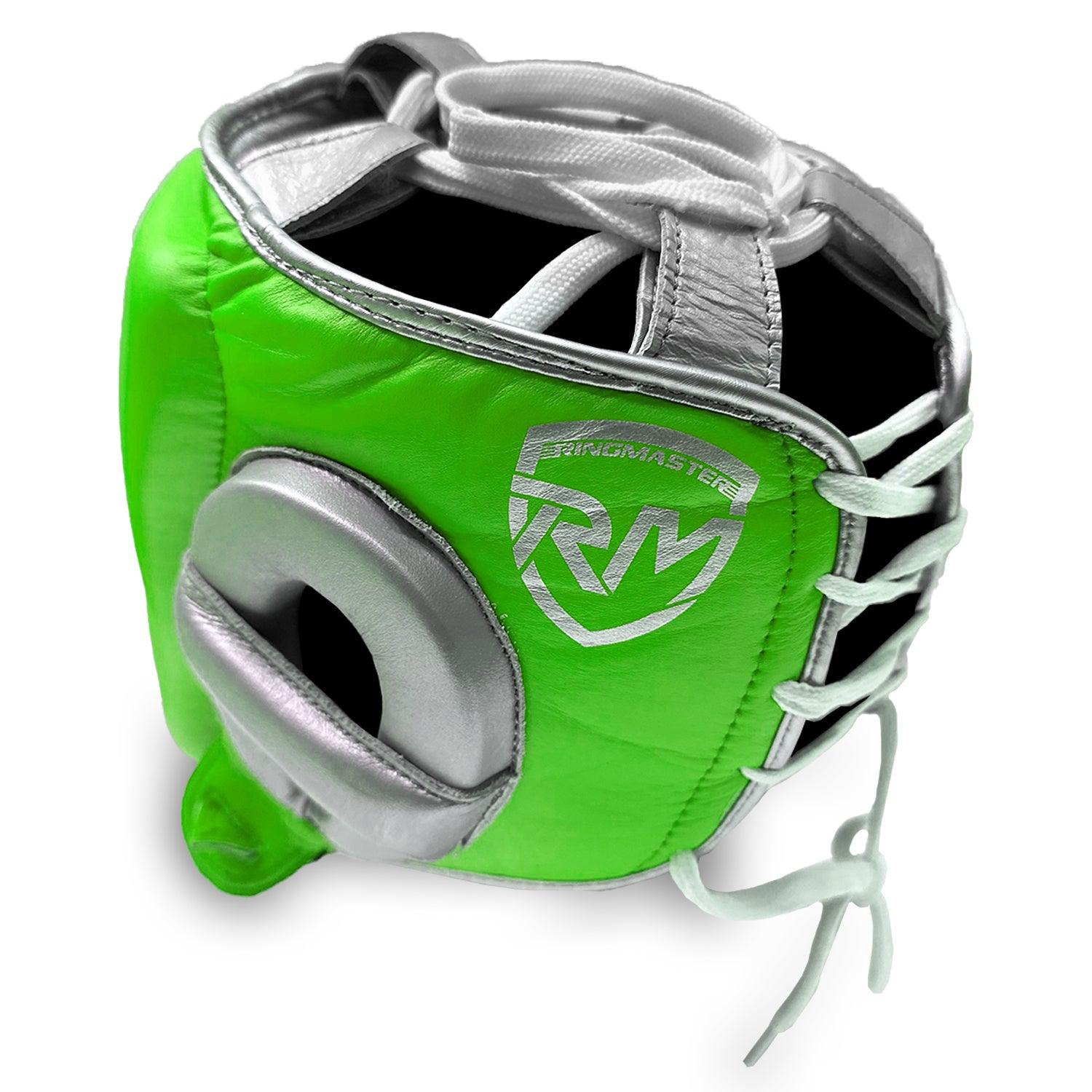 Head guard Boxing, Best boxing head guard, boxing head guard uk, boxing head guard junior, boxing head guard kids, boxing head guard open face, Boxing head guard for sale, face guard boxing, boxing headgear, chin cheek head guard, Head guard Boxing green silver, Ringmaster Sports Head guard, Ringmaster Sports Equipment, Ringmaster boxing Equipment