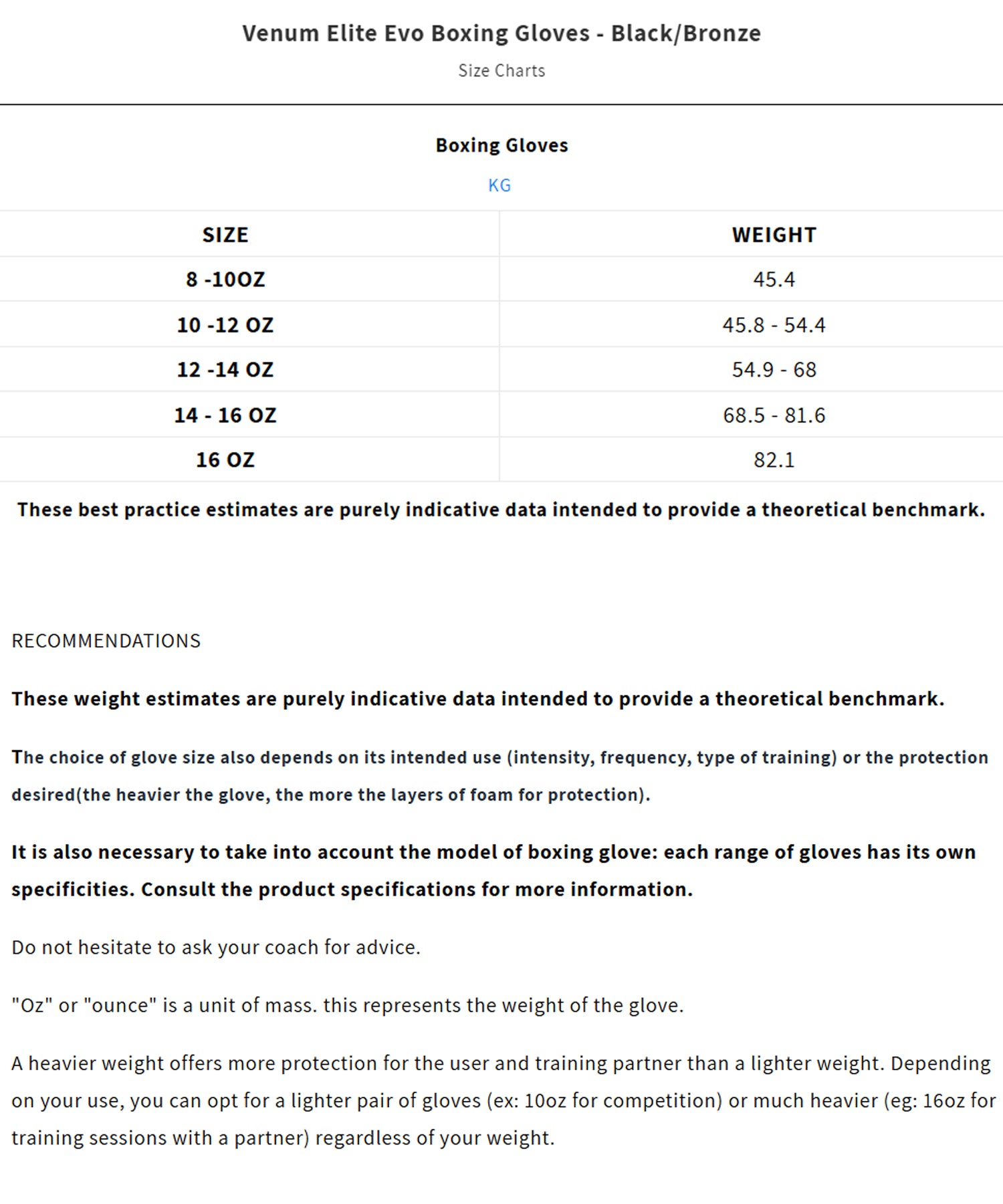 Venum Elite Evo Boxing Gloves - Size Chart