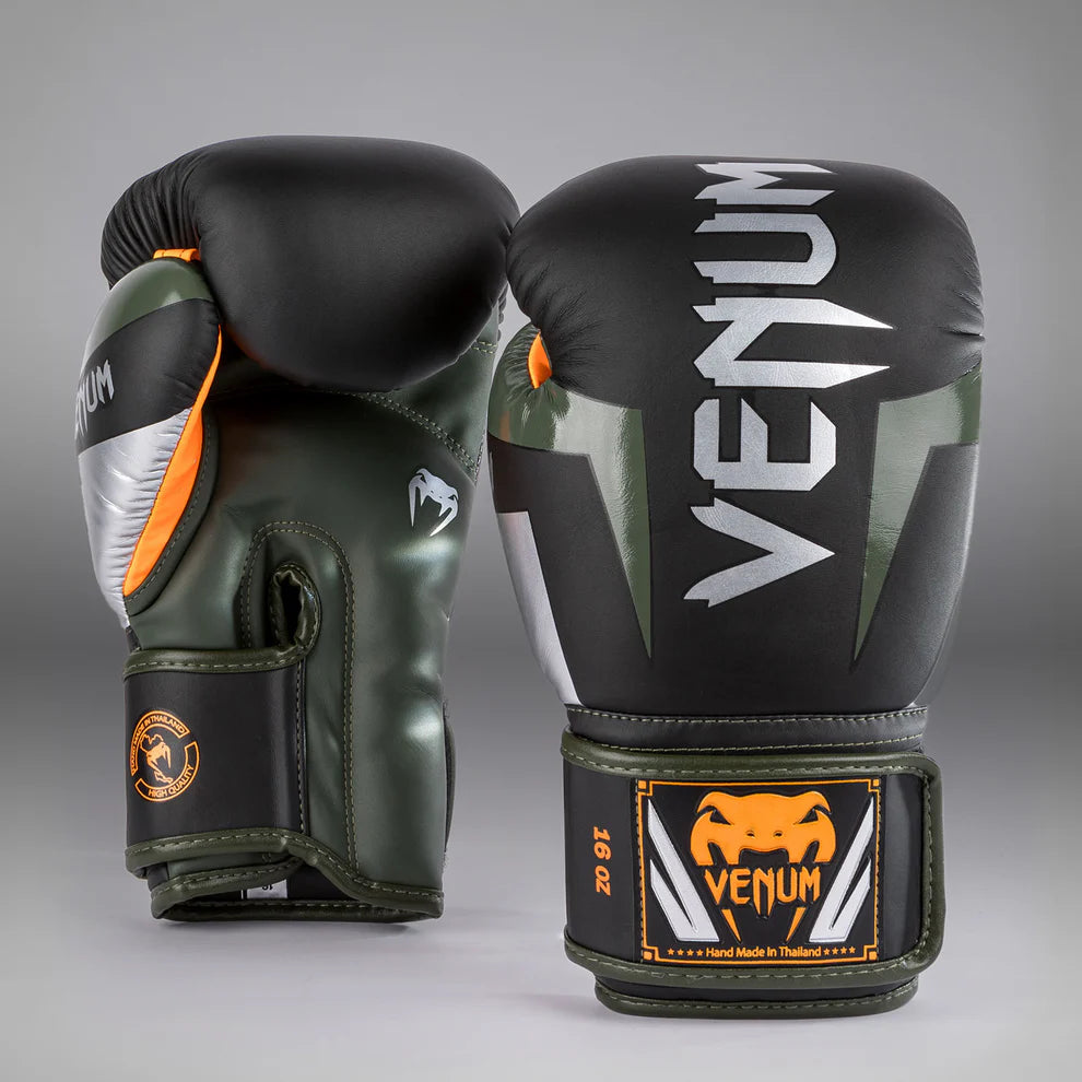 Venum Elite Boxing Gloves - Black/Silver/Khaki Image 1