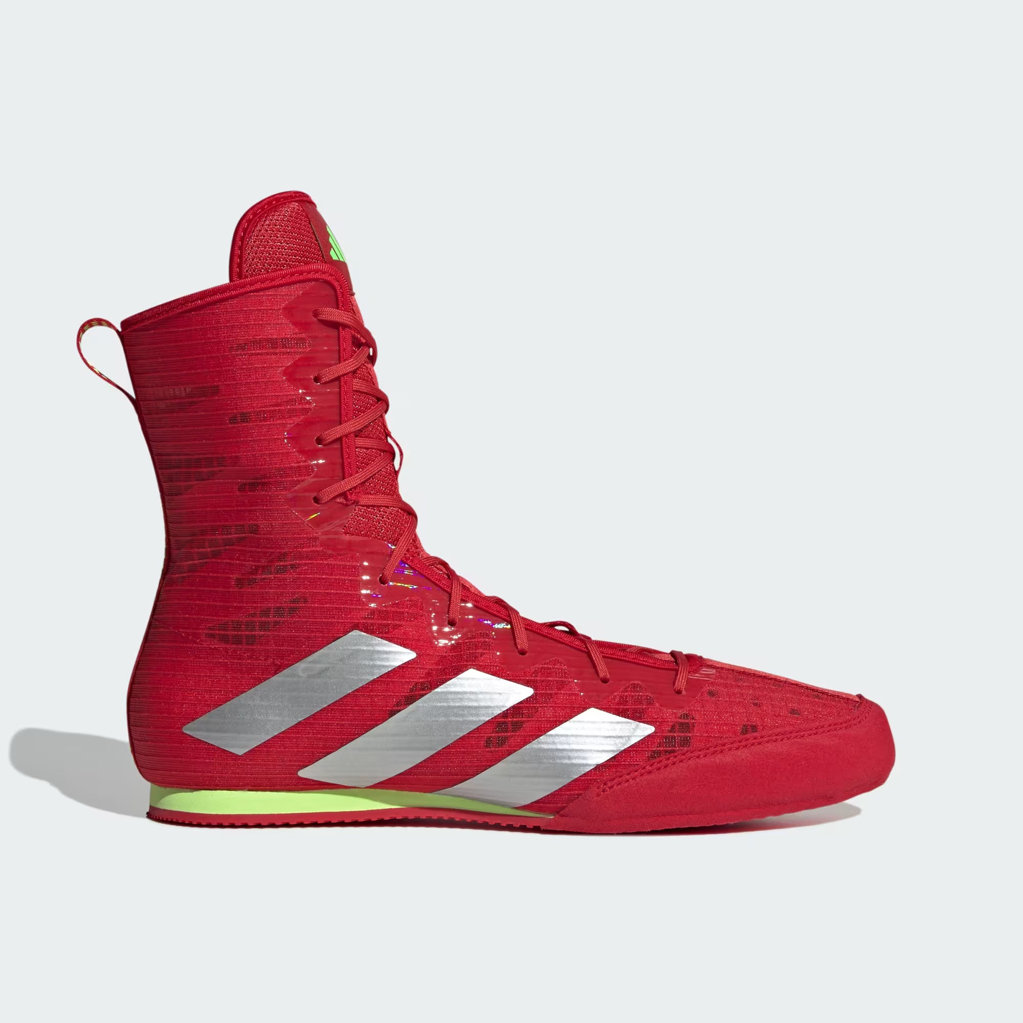 Adidas Box Hog boxing shoes in Better Scarlet front view, showcasing lightweight breathable mesh design.