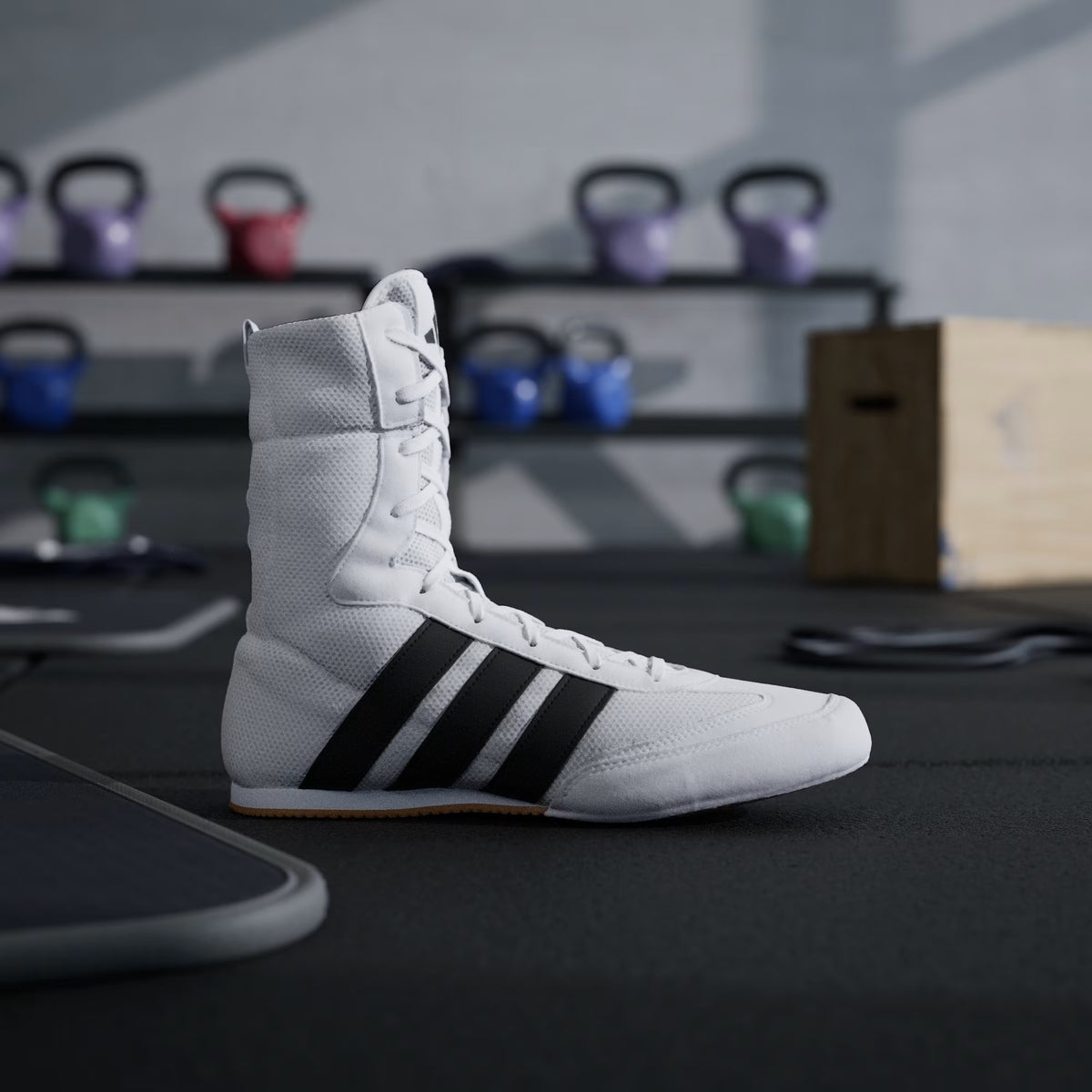 adidas Box Hog Classic Cloud White/Core Black shoes worn during boxing footwork drills