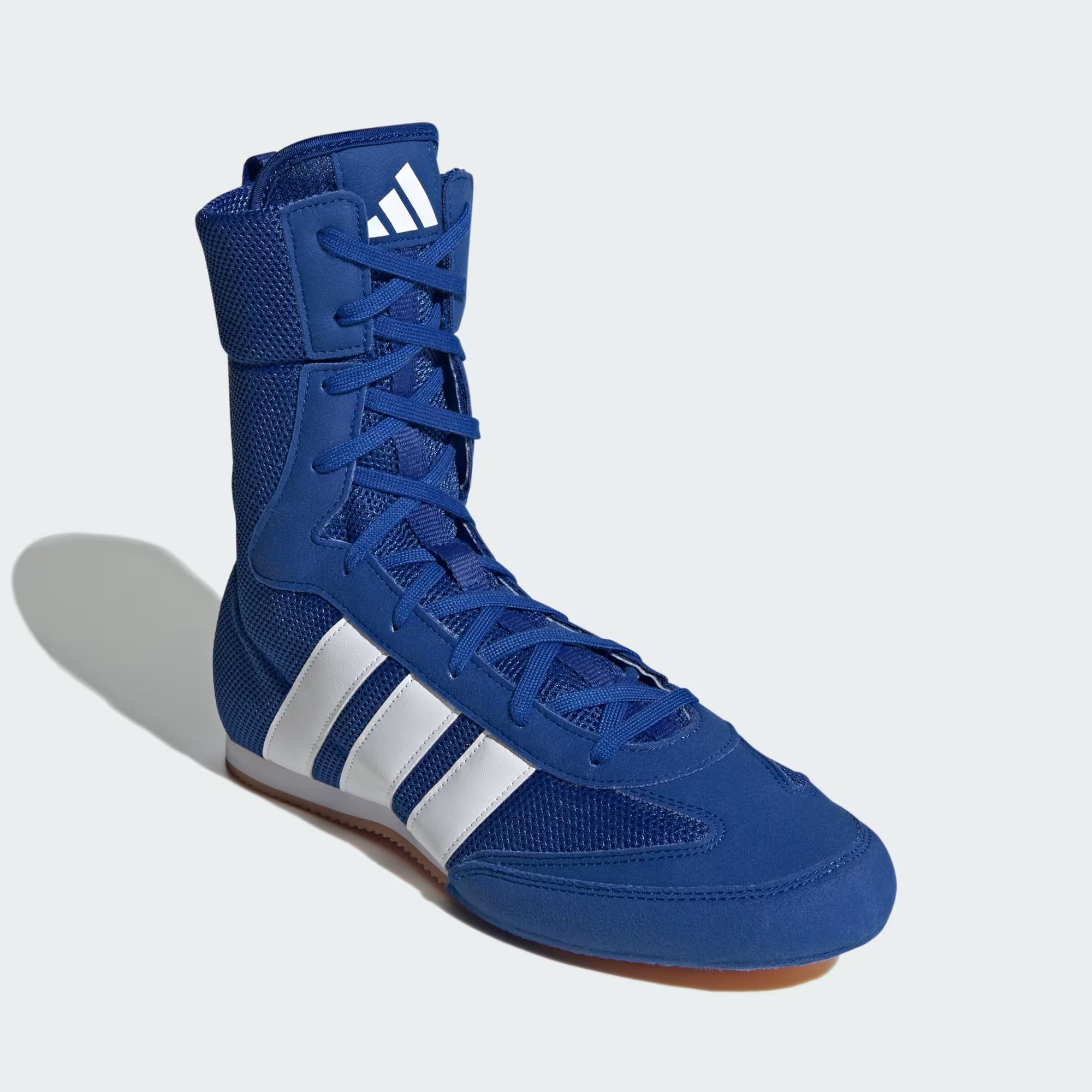 Lateral side view of adidas Box Hog Classic K Kids Boxing Shoes showing Team Royal Blue colourway
