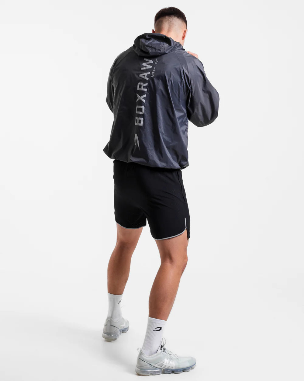Back view of Boxraw Genaro Oversized Windbreaker Hoodie Black