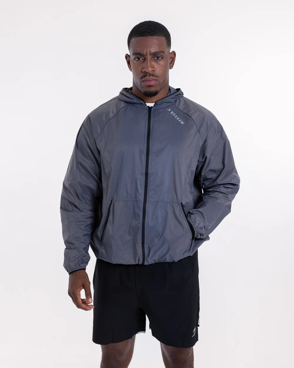 Boxraw Genaro Zip Up Windbreaker Charcoal front view showing lightweight nylon jacket design