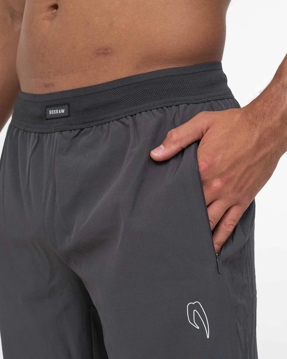 Zipped side pocket and zipped back pouch detail on Boxraw Tunero Track Bottoms Charcoal