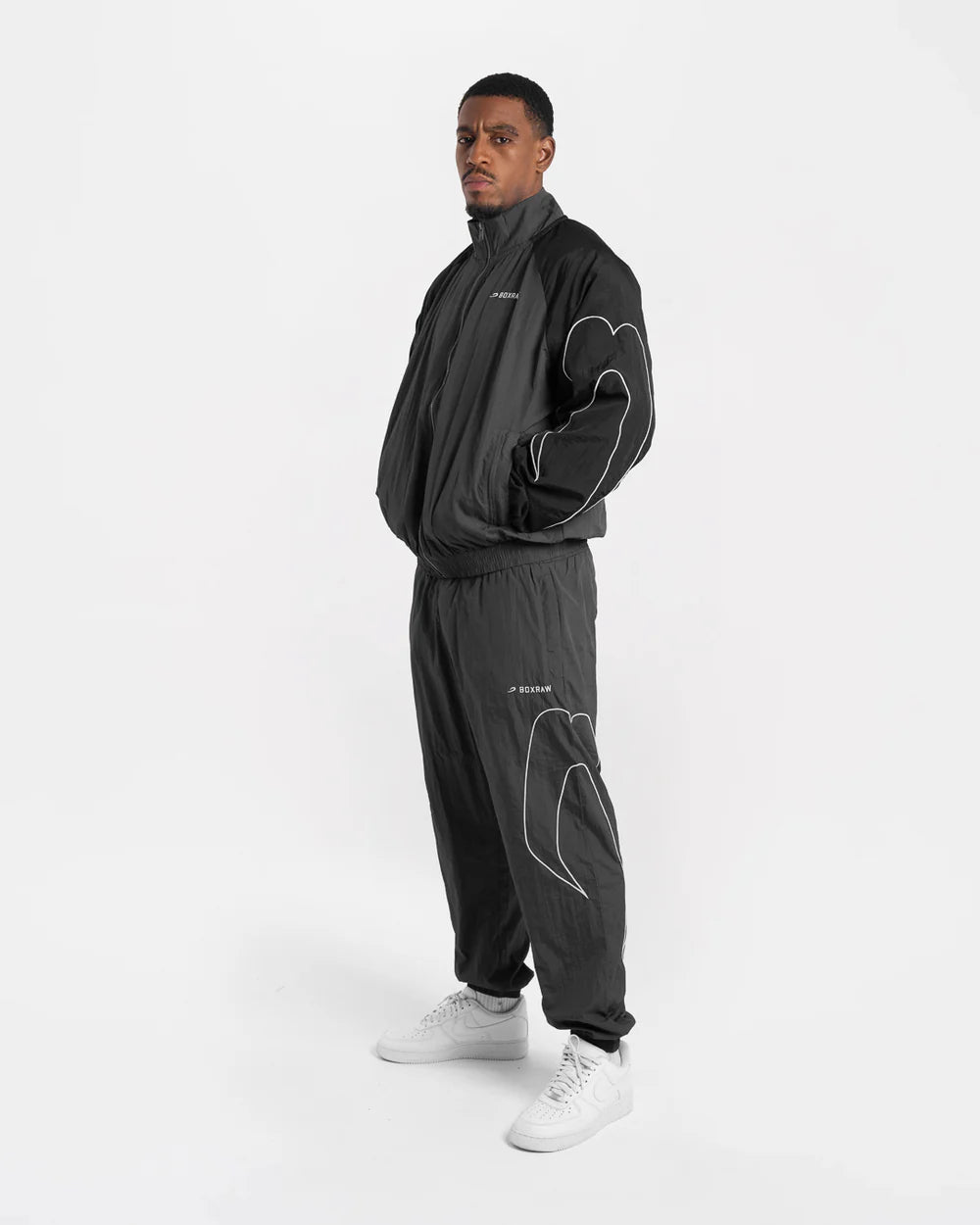 Boxraw Tunero Track Jacket Grey front view showing oversized fit and lightweight nylon shell Full View