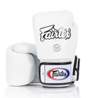 Fairtex BGV15 boxing White Sparring Gloves in premium leather with open palm design and wrist wrap closure.