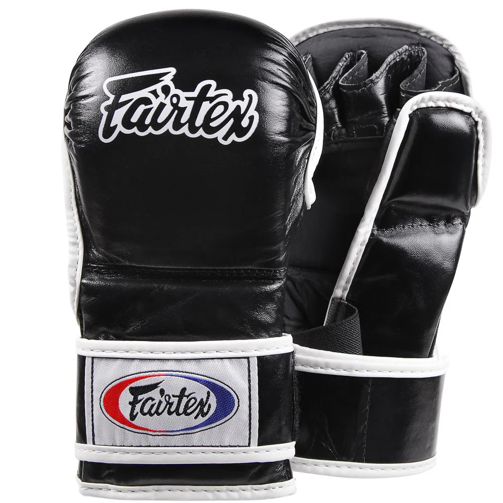 Fairtex BGV15 MMA Sparring Gloves in premium leather with open palm design and wrist wrap closure.