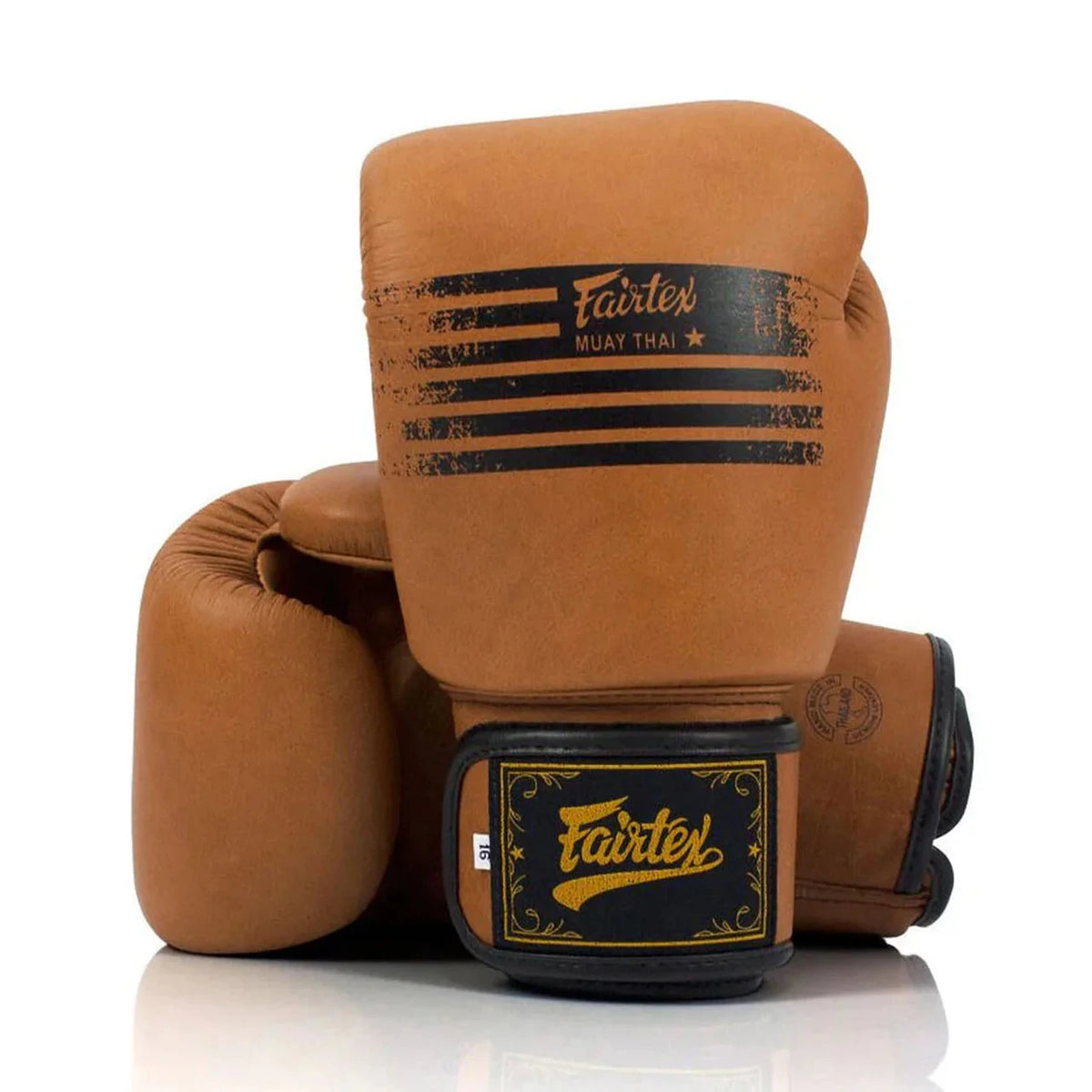 Pair of Fairtex BGV21 Legacy Boxing Gloves in matte brown shown from the front with heritage Fairtex branding
