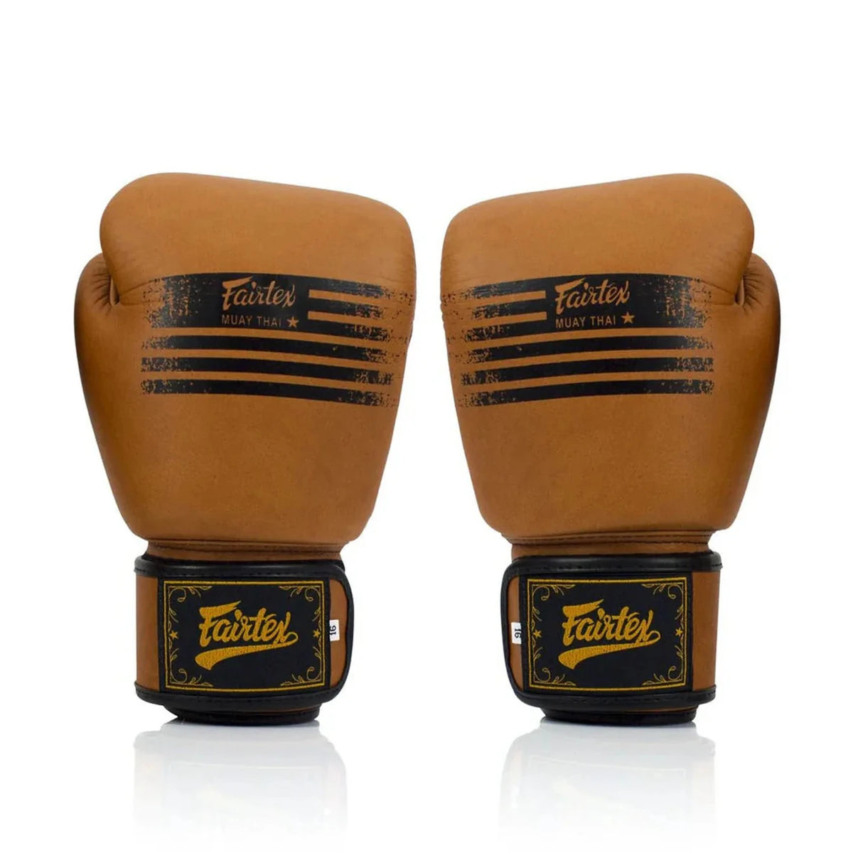 Fairtex BGV21 Legacy brown boxing gloves showing the front and palm sides with hook-and-loop wrist closure