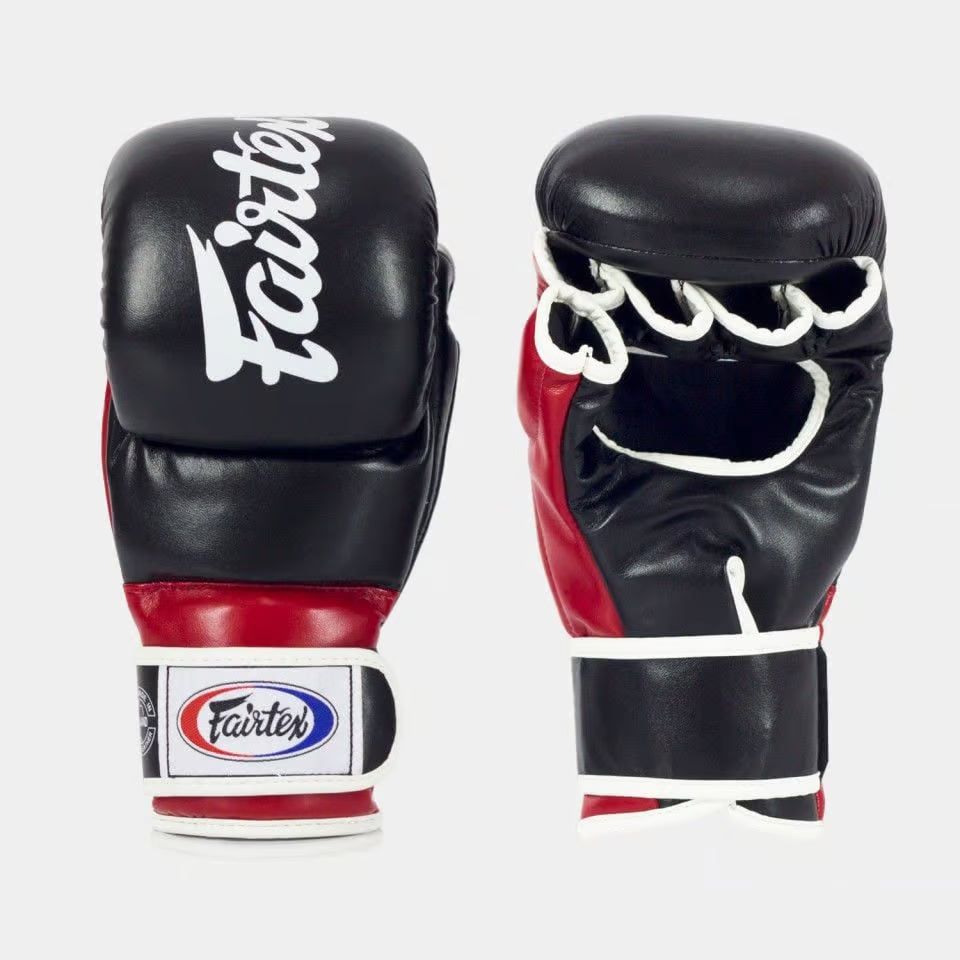 Fairtex FGV18 Super Sparring MMA Gloves Black Red front view showing padded hybrid MMA glove design
