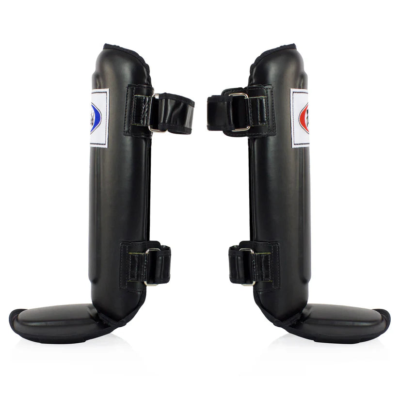 Fairtex kickboxing shin guards with contoured fit and extended in-step protection
