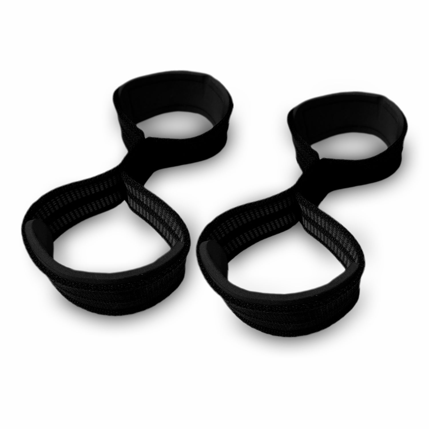 Figure 8 lifting straps wrapped around barbell for deadlift setup black