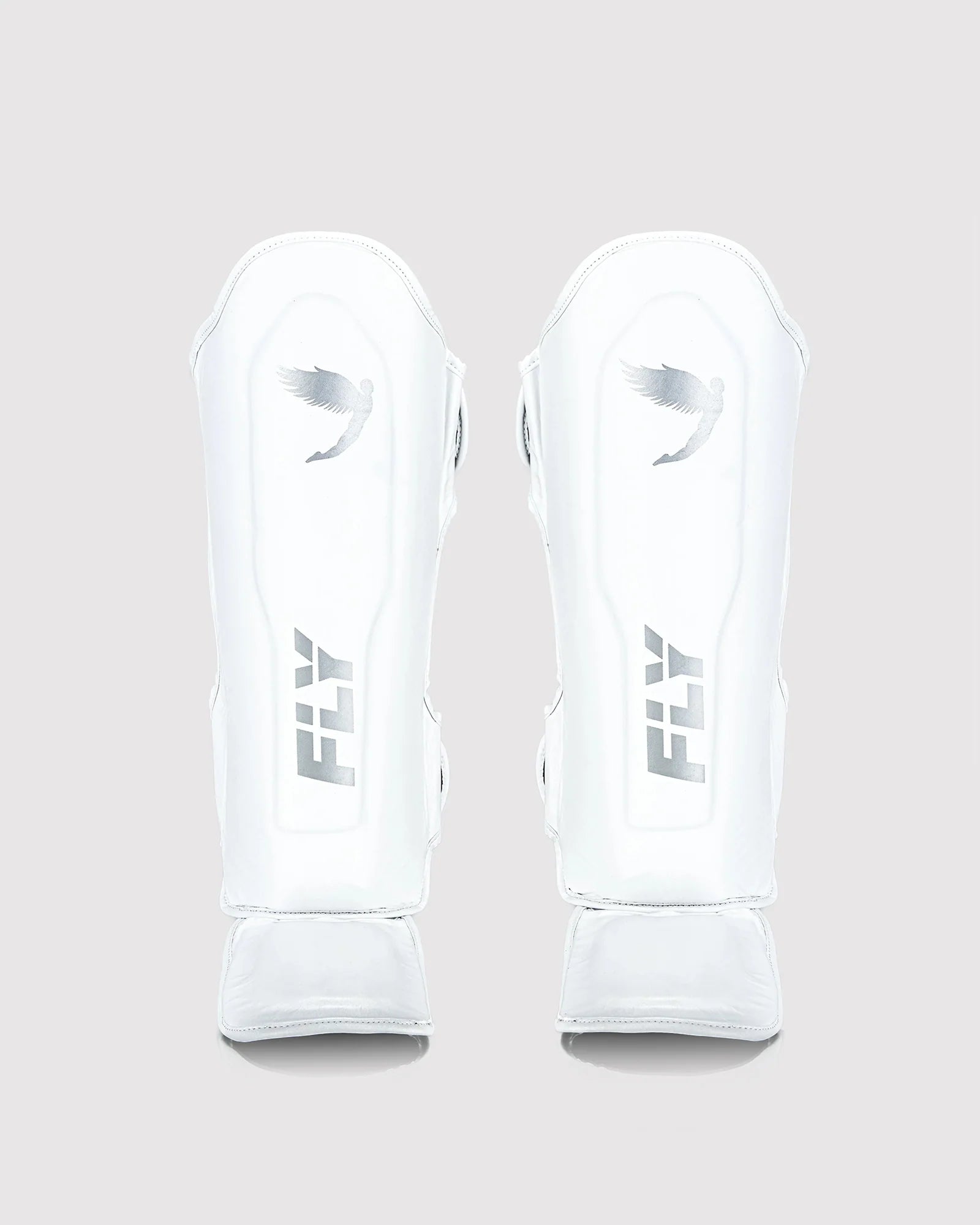 Front view of Fly Spectre M 2.0 White shin guards sold as a pair