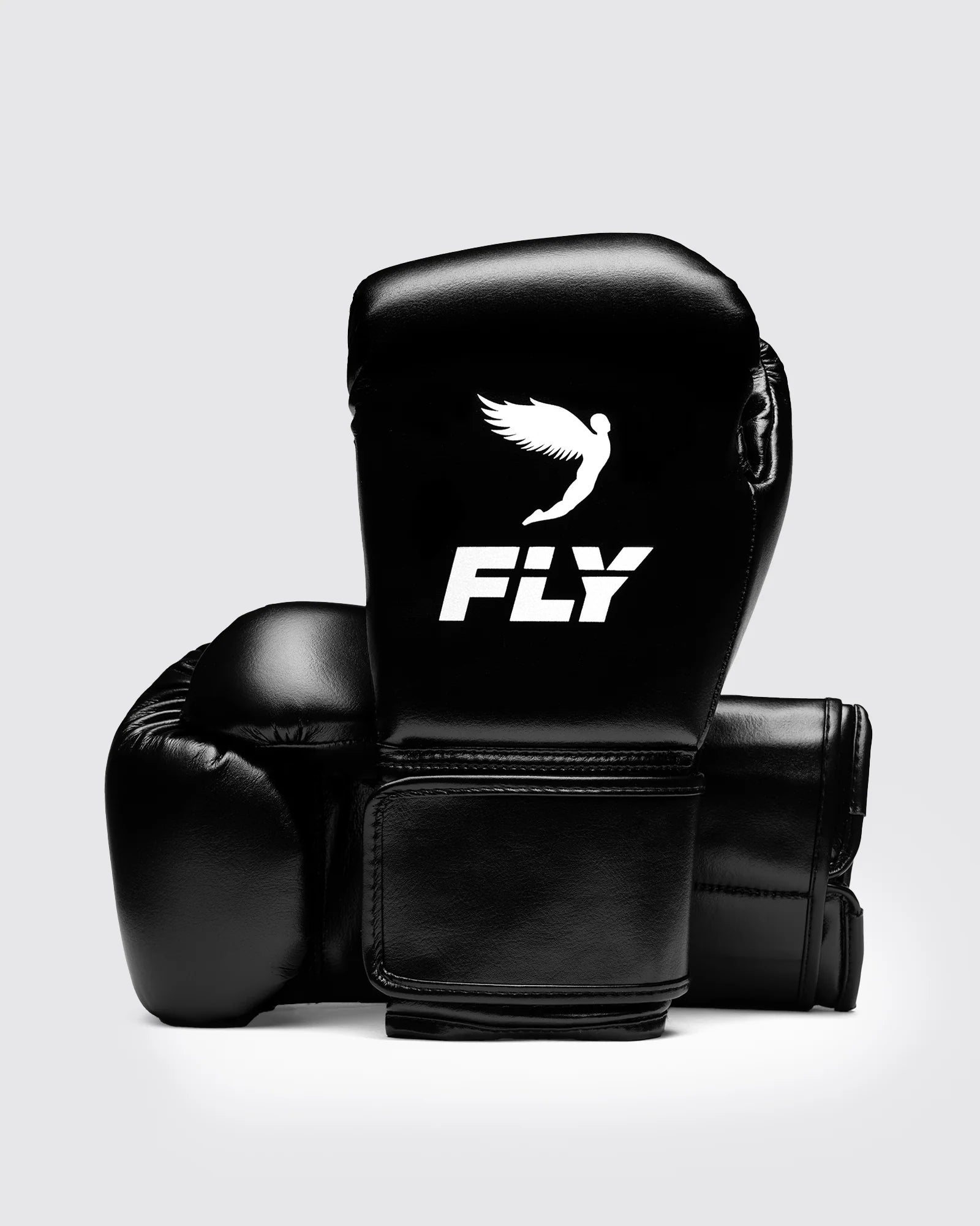 Front view of Fly Superloop Pro X2 Boxing Gloves in Black showing premium vegan leather design.