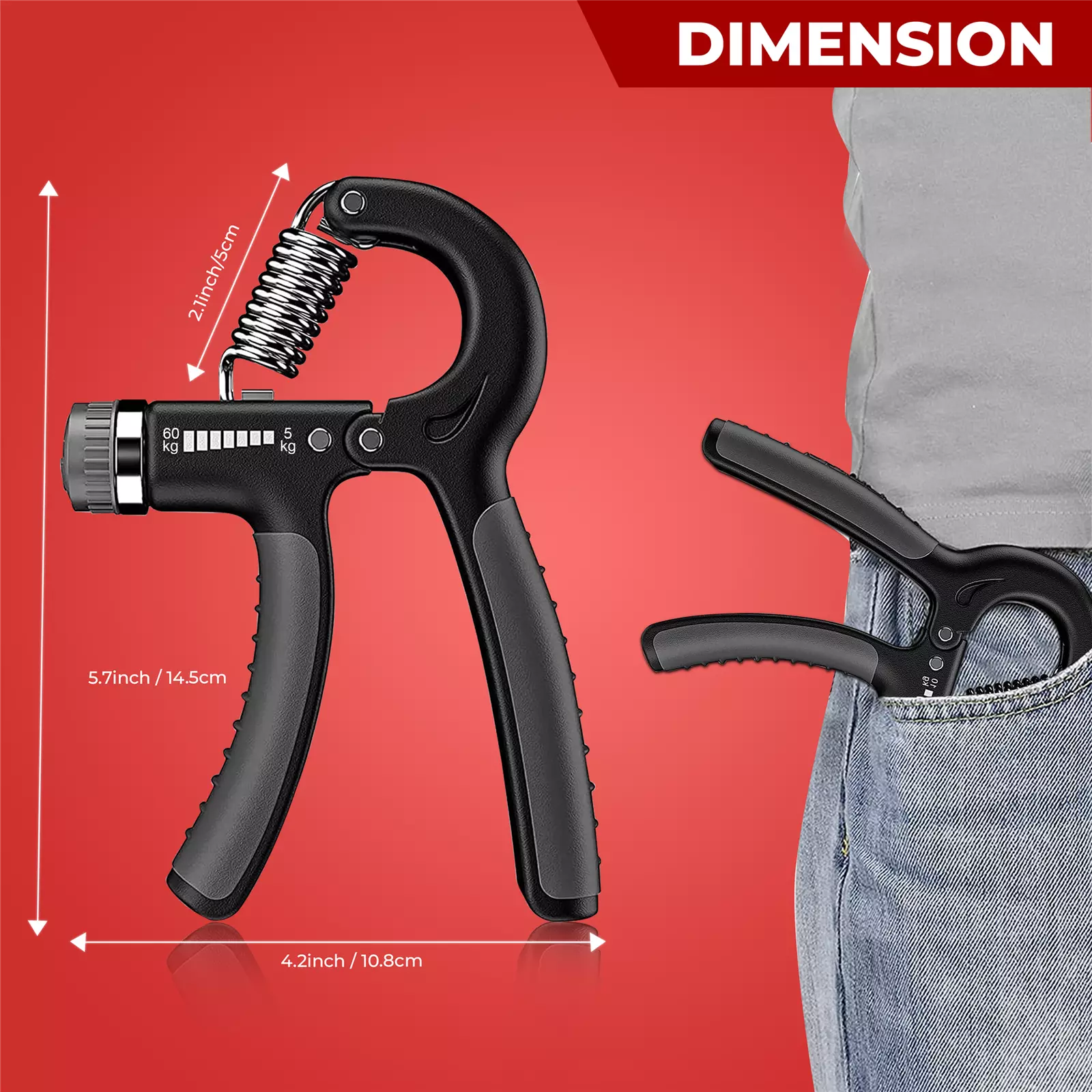 Angled shot of ergonomic 60kg hand grip strengthener for wrist and finger exercises.
