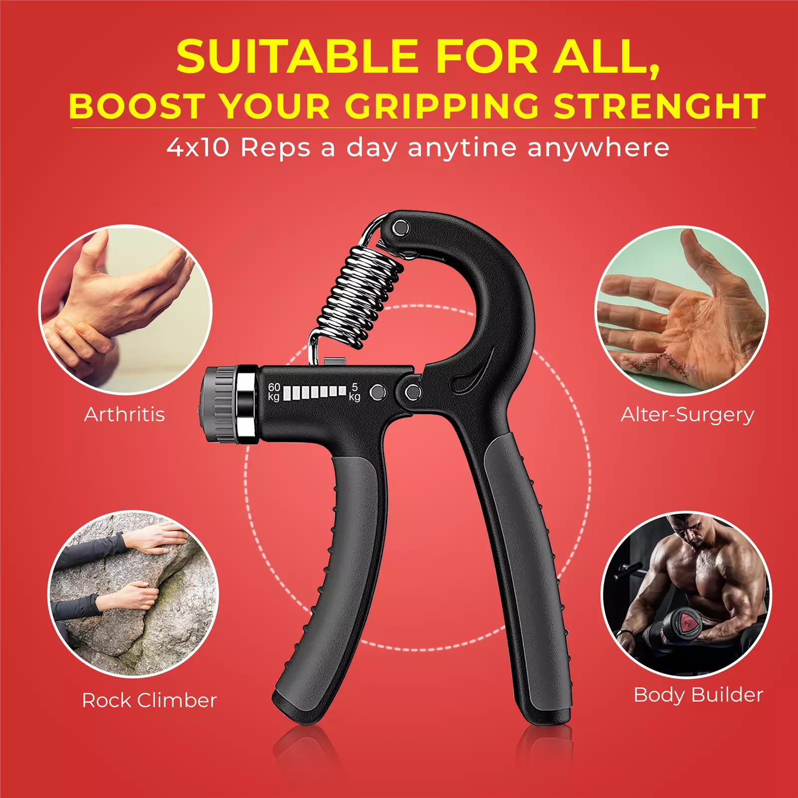 Close-up of resistance adjustment dial on 5–60kg hand grip trainer.