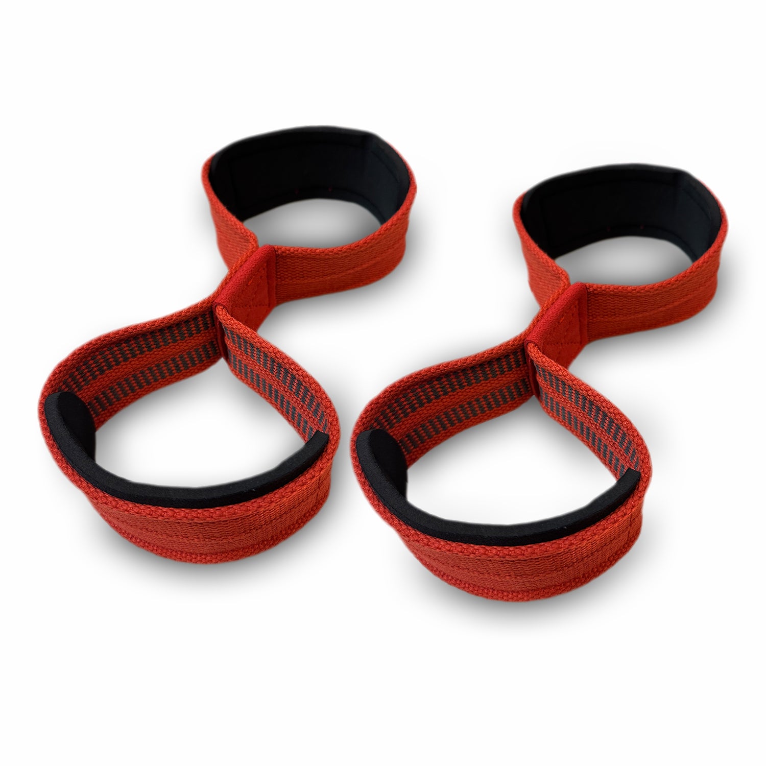 Close-up of neoprene padded wrist support on figure 8 lifting straps red