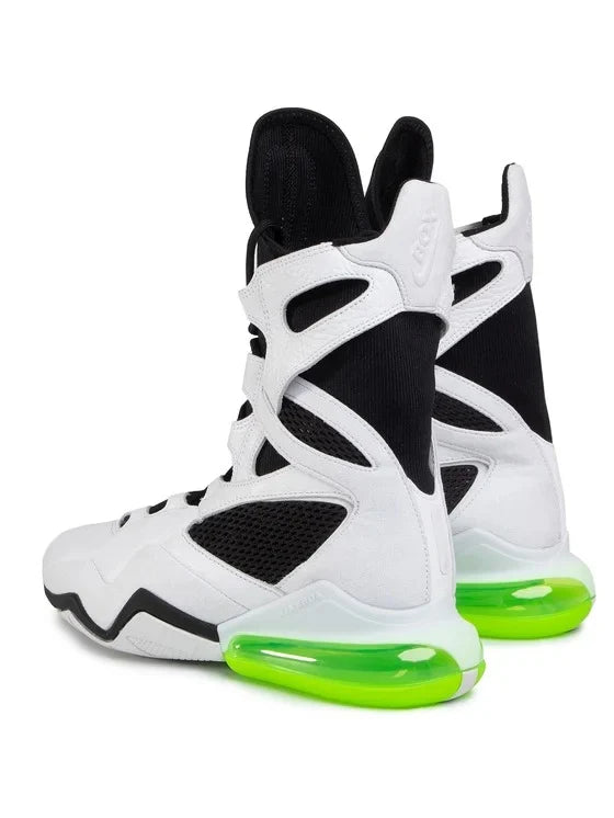 Rear heel view of Nike Air Max Box White Black Electric Green women’s workout shoes