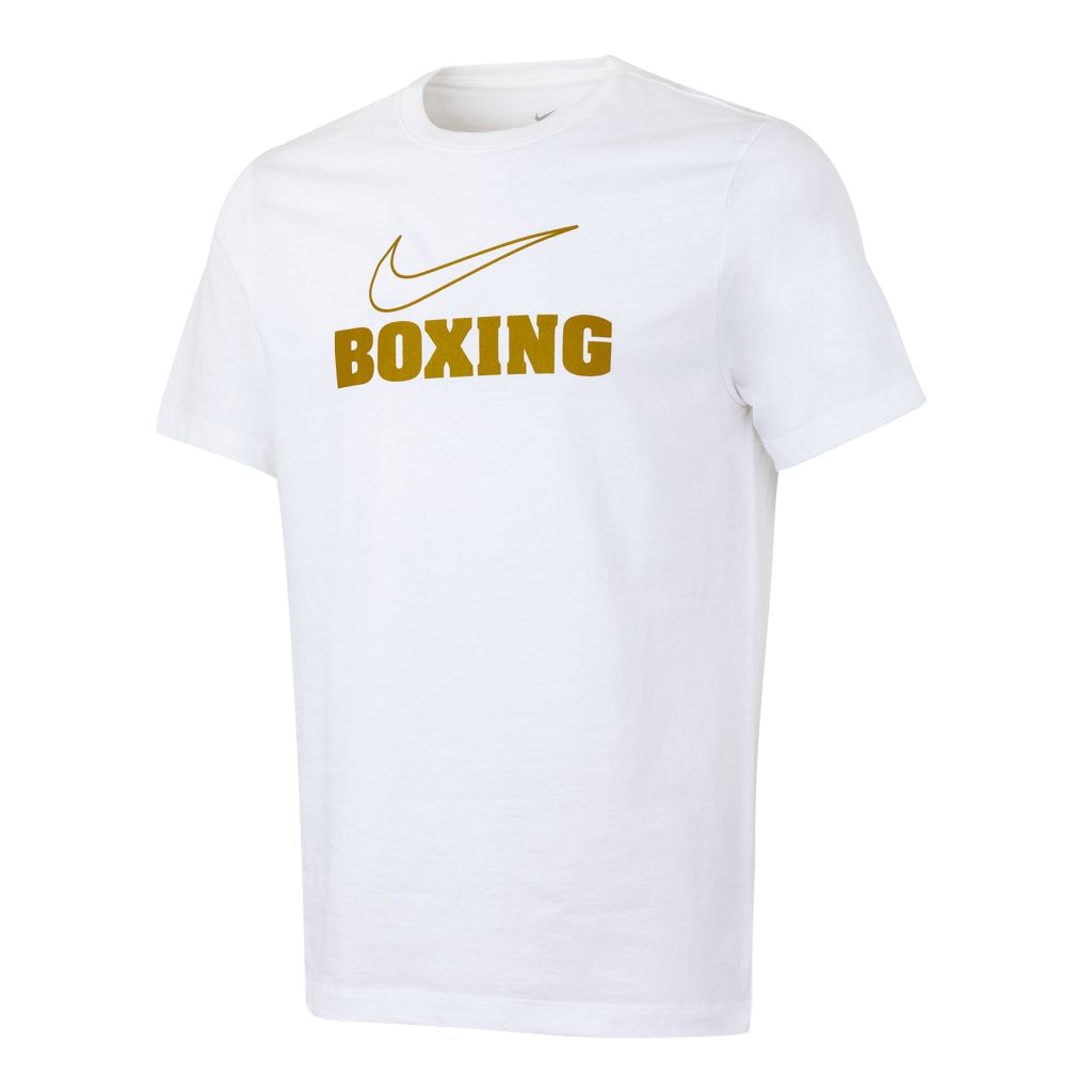 Nike Boxing Big Swoosh Training Tee in White Gold made from 100% premium cotton with gold Nike logo and athletic fit for boxing and gym training