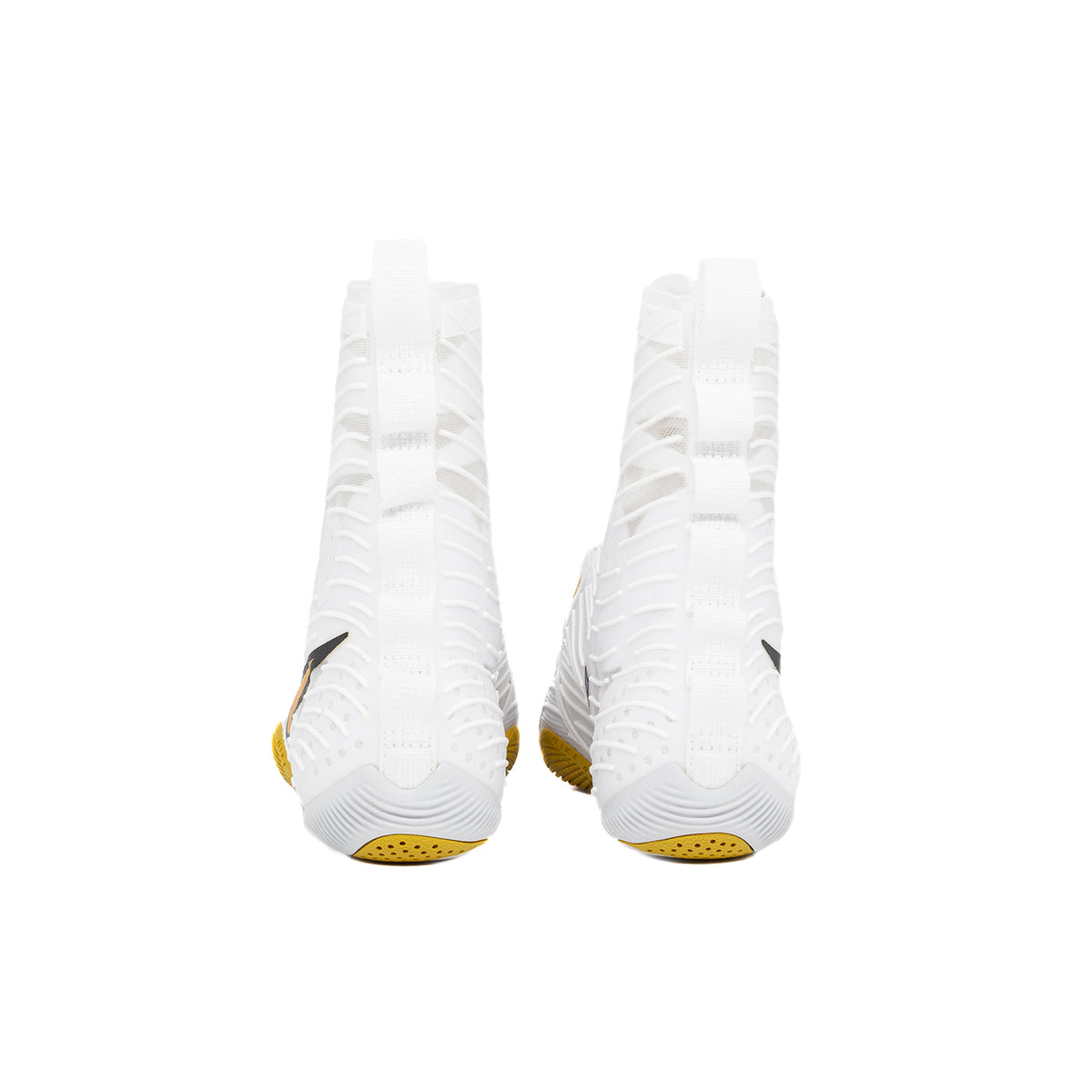 Rear view of Nike HyperKO 3 Boxing Shoes in White/Gold showing the back of both shoes.