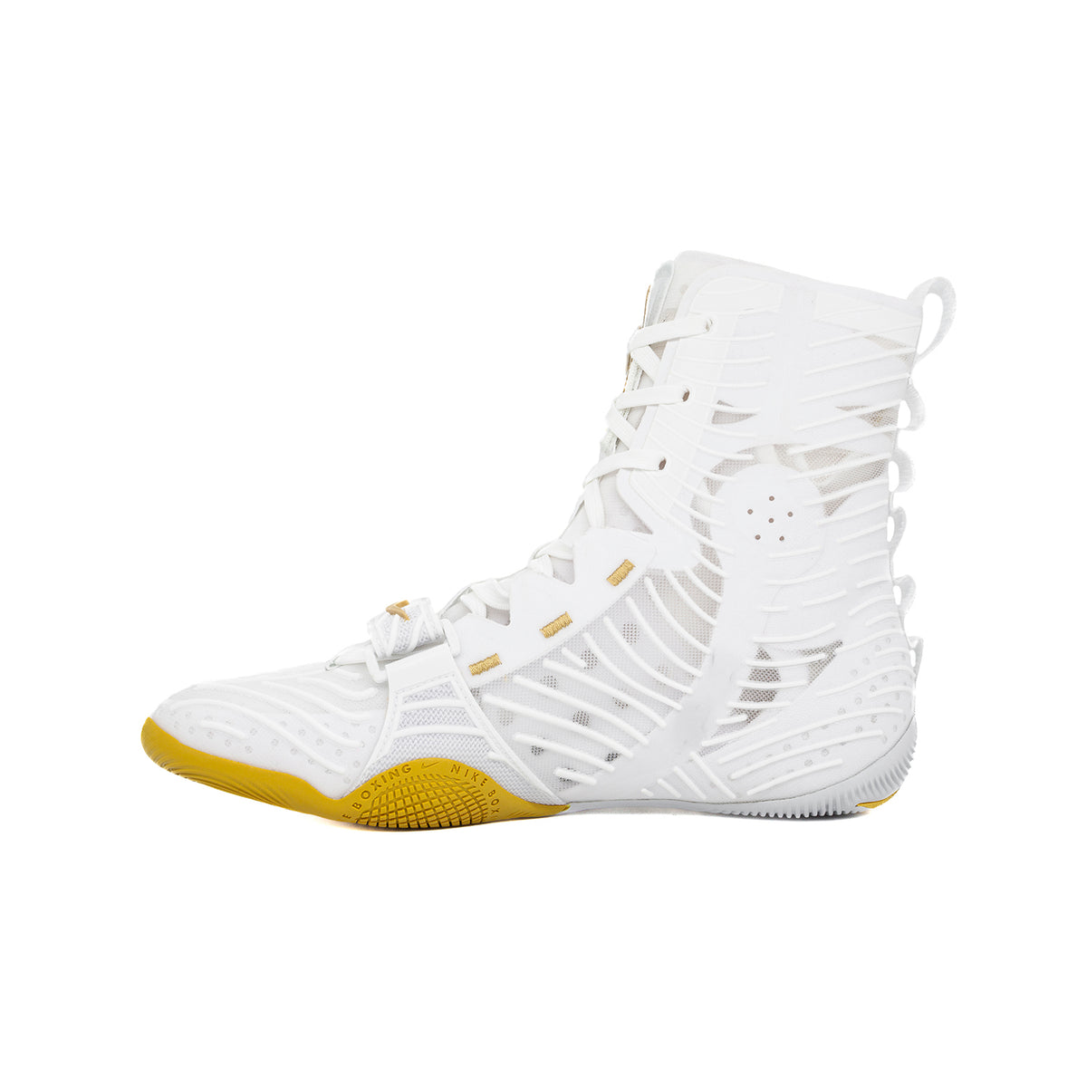 Side profile of a White/Gold Nike HyperKO 3 boxing shoe showing its shape and forefoot construction.