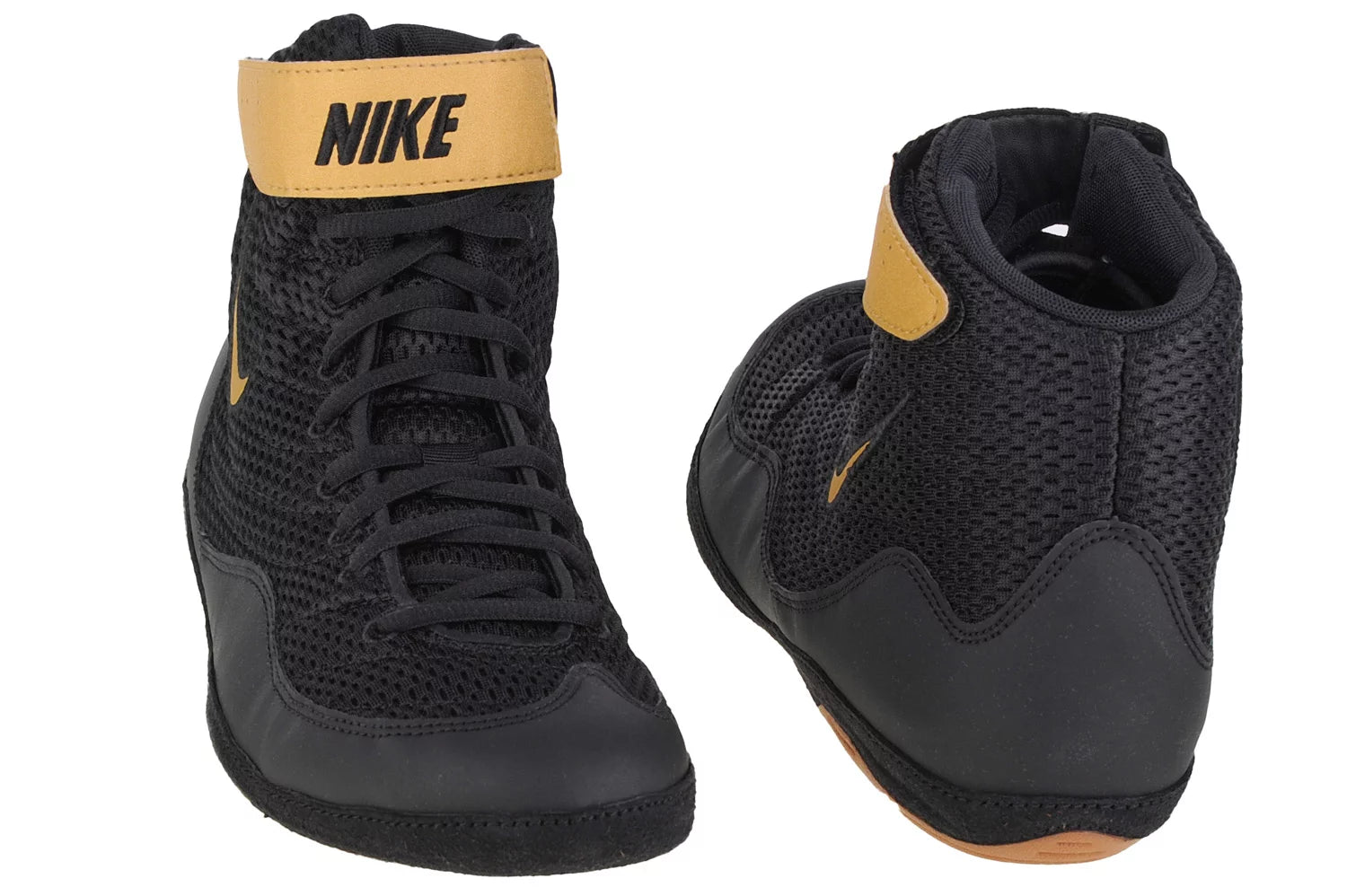 Nike Inflict Black/Gold wrestling shoes with high collar providing ankle support and stability