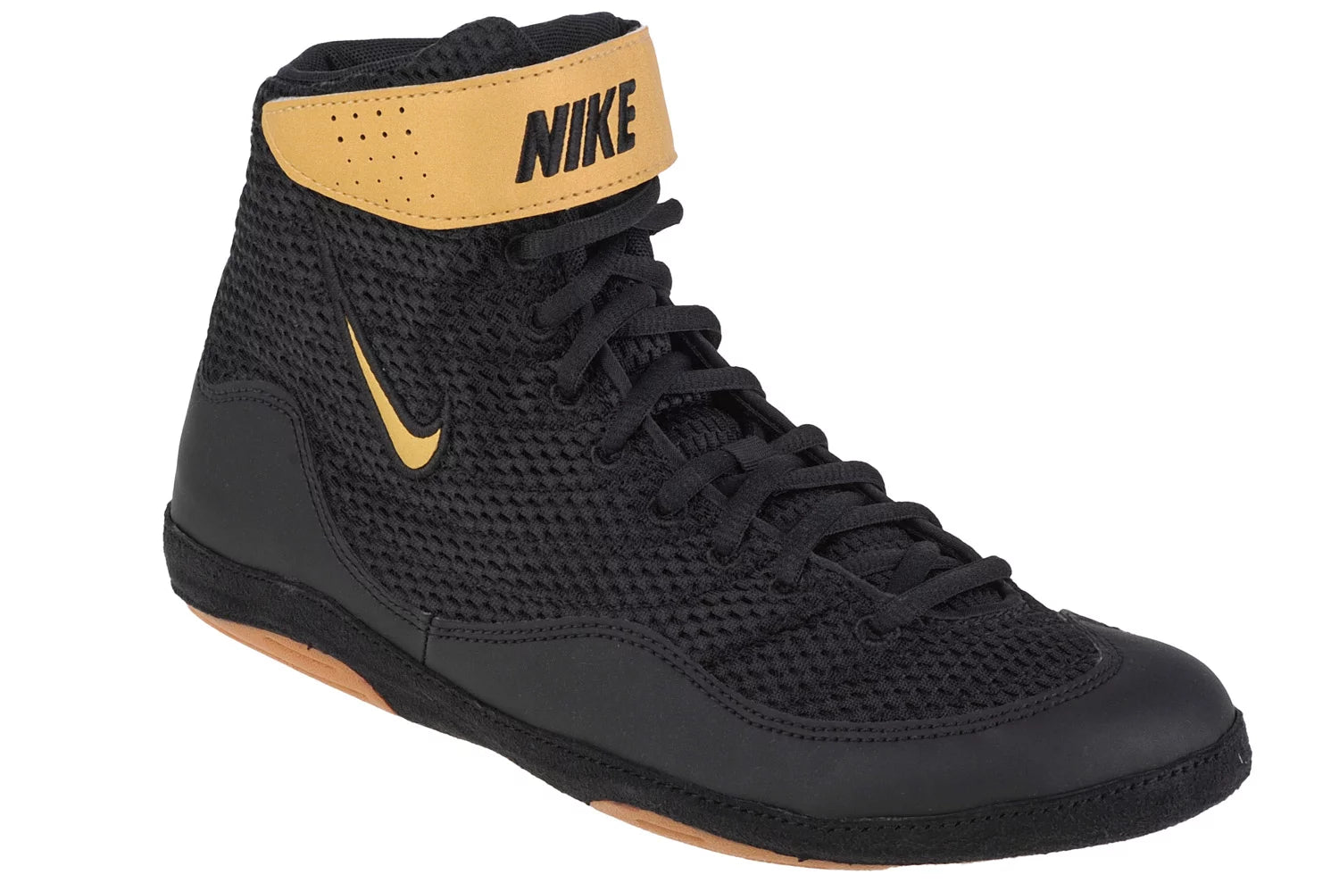 Athlete wearing Nike Inflict Wrestling Shoes Black/Gold during match for superior traction and control.