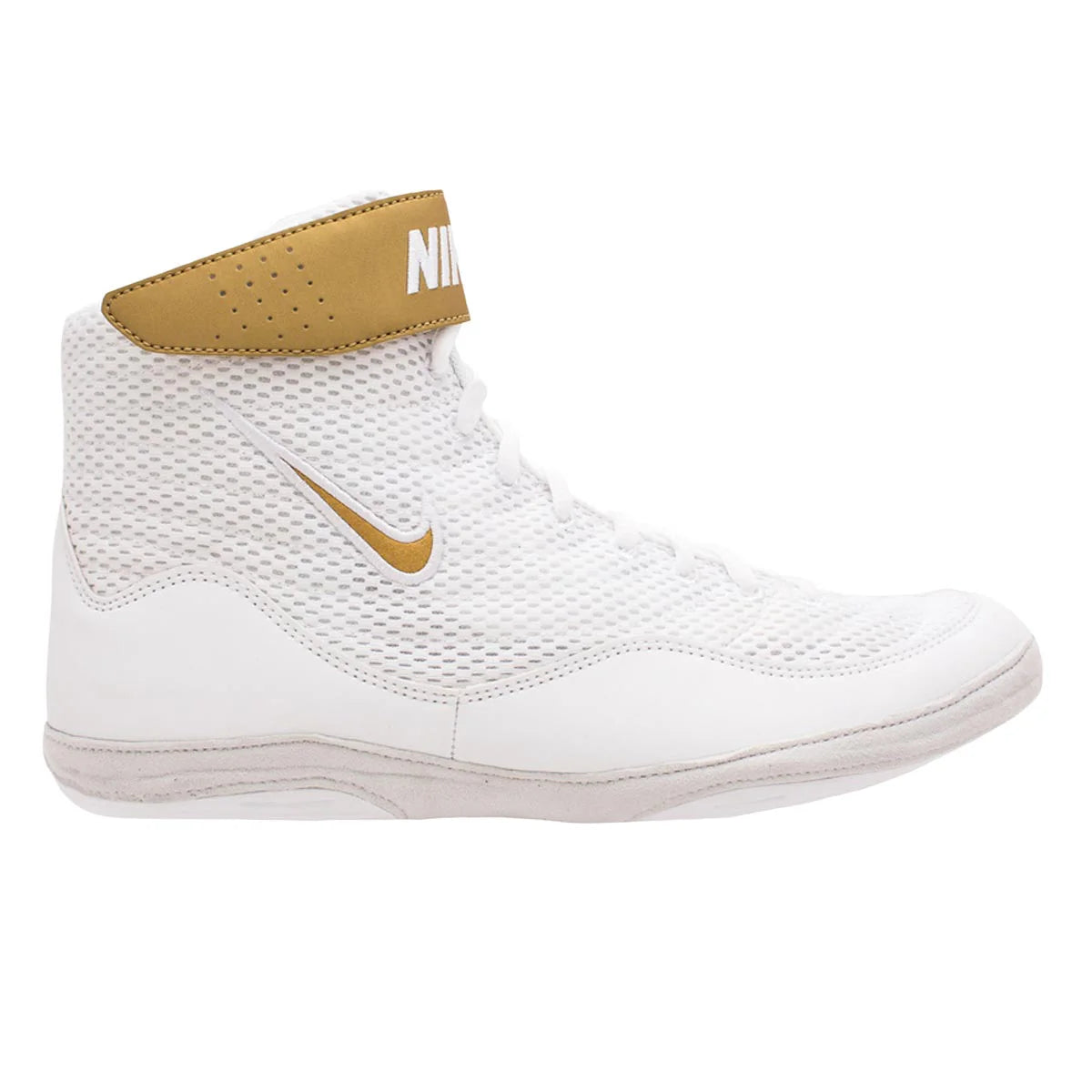 Nike Inflict wrestling shoes in black and gold, full pair side view on white background