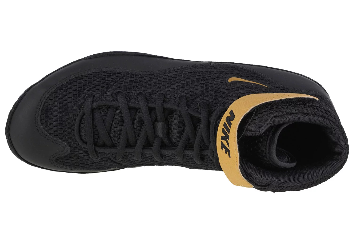 Side profile of Nike Inflict Wrestling Shoes Black/Gold highlighting mesh and synthetic leather design