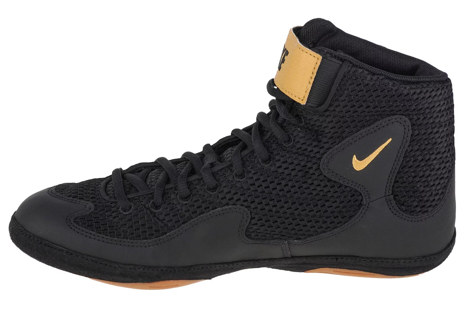 Wrestler training in Nike Inflict Black/Gold wrestling boots showcasing grip and flexibility.