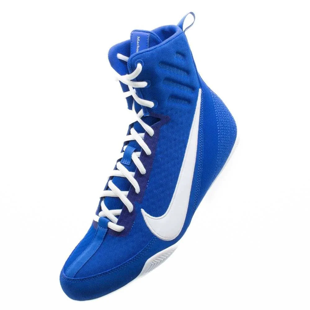 Upgraded lacing system of Nike Machomai 3 blue and white boxing boots for secure fit.