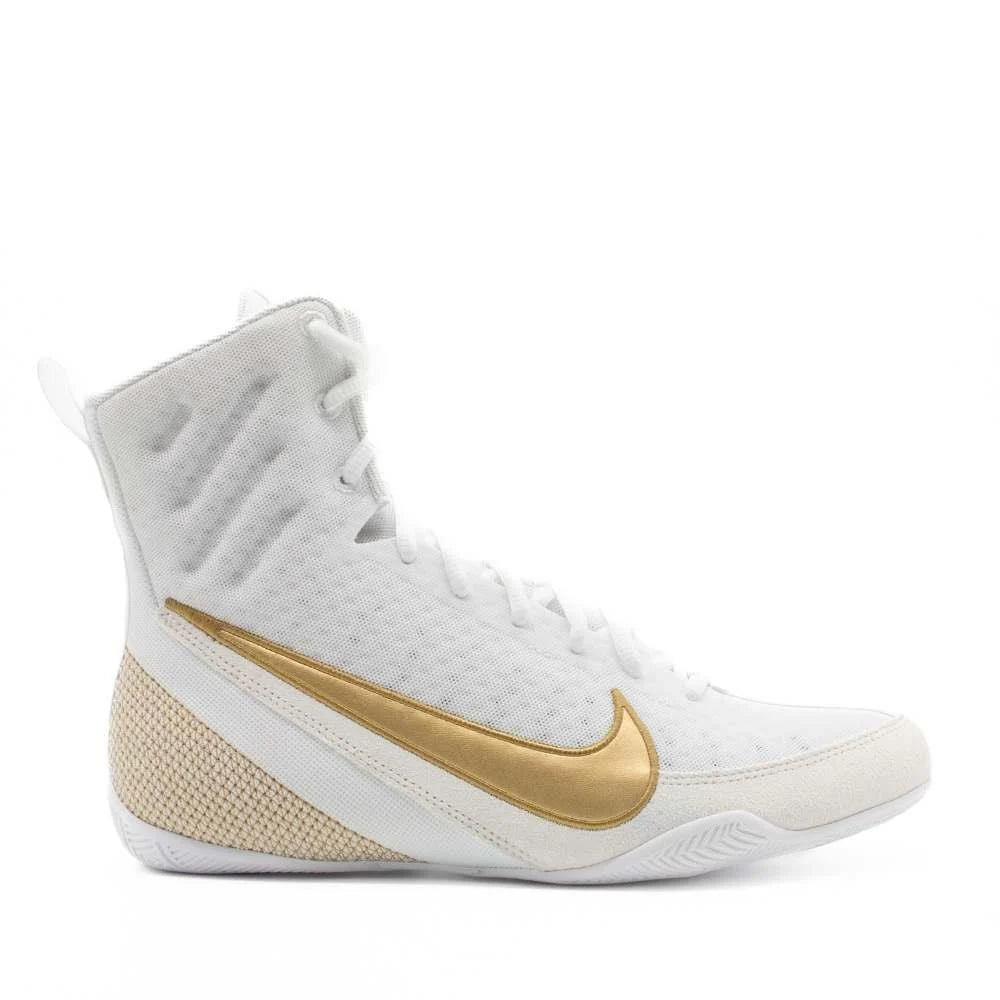 Nike Machomai 3 Boxing Shoes white and gold featuring lightweight breathable mesh for speed and comfort in the ring.