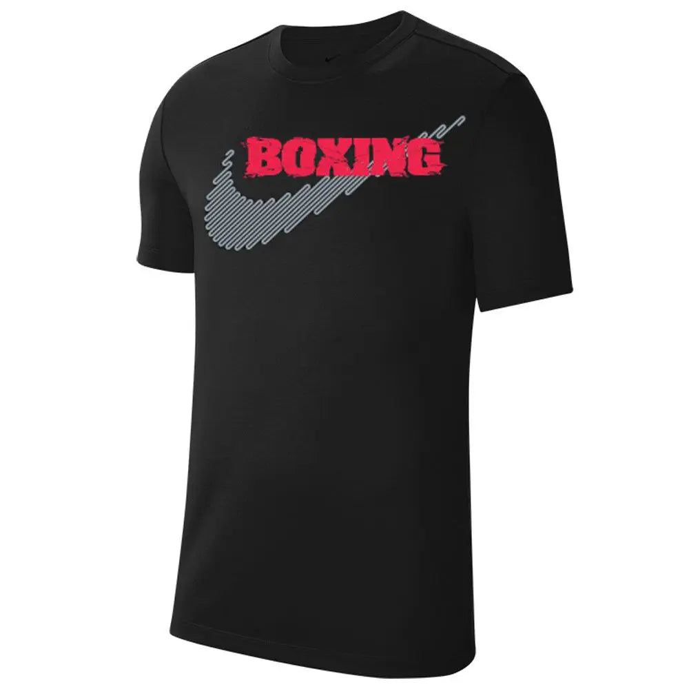 Nike Men’s Boxing Rawdacious Tee made from 100% premium ring-spun cotton with large Nike logo print and athletic fit.