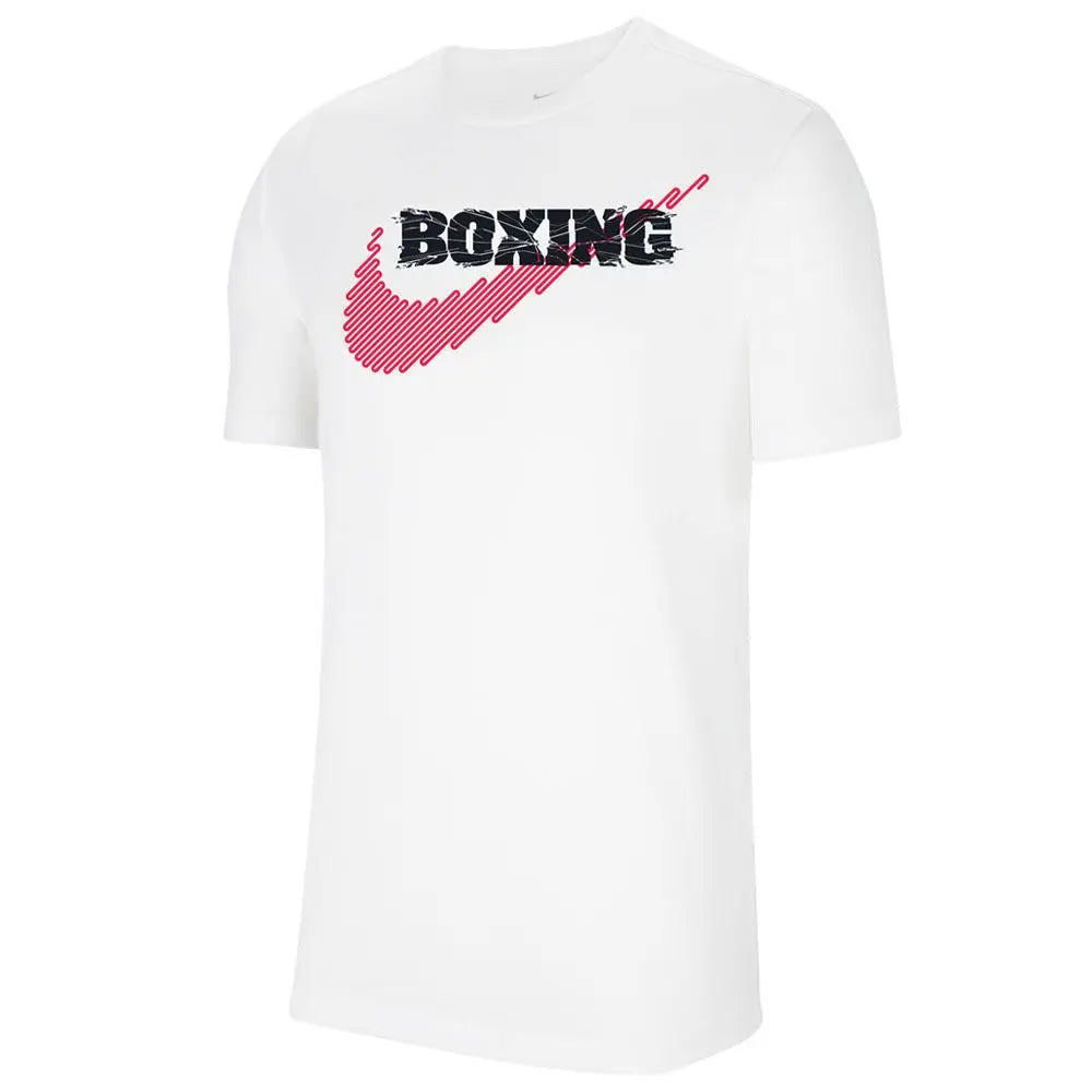 Nike Men’s Boxing Rawdacious Tee in White made from 100% premium cotton with large Nike logo print and athletic fit for boxing and training.