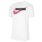 Nike Men’s Boxing Rawdacious Tee in White made from 100% premium cotton with large Nike logo print and athletic fit for boxing and training.