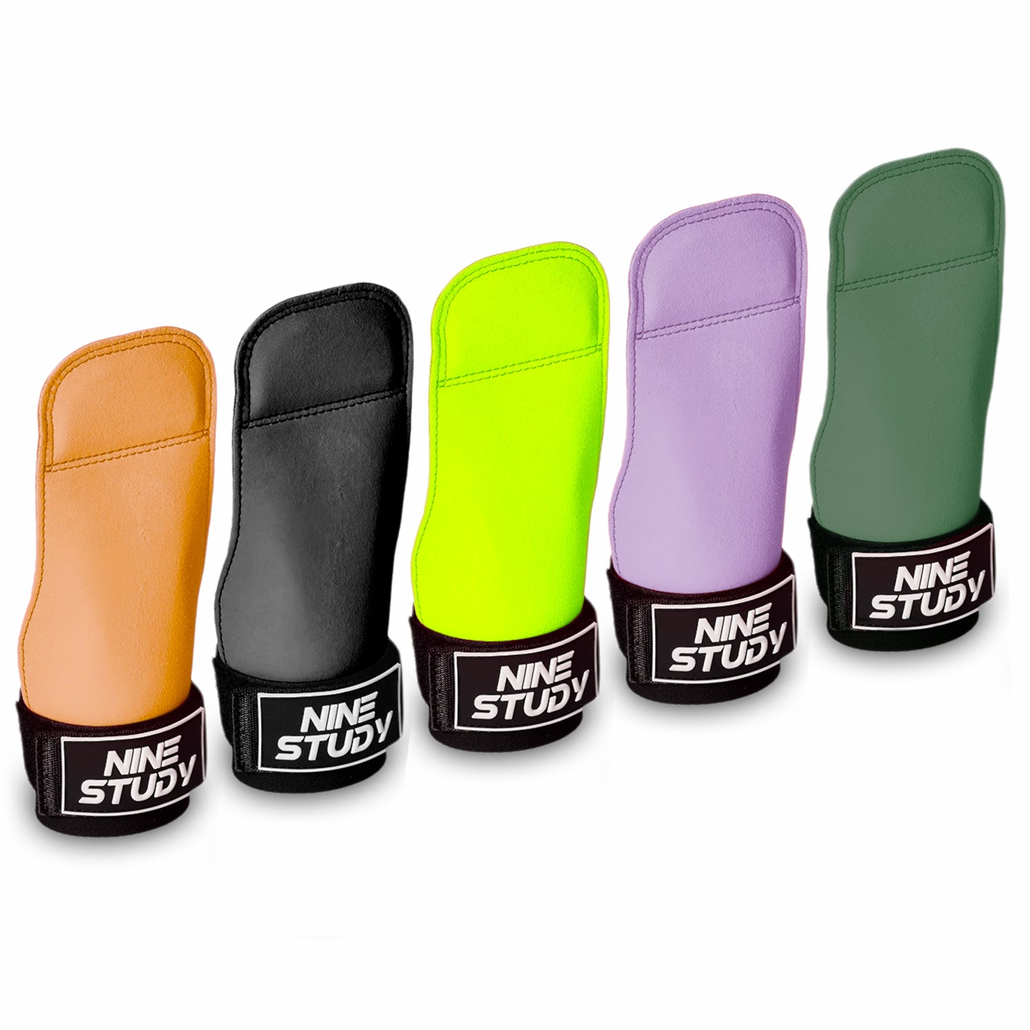 Colour options for no-hole gym grips including brown, black, neon green, dark green and violet