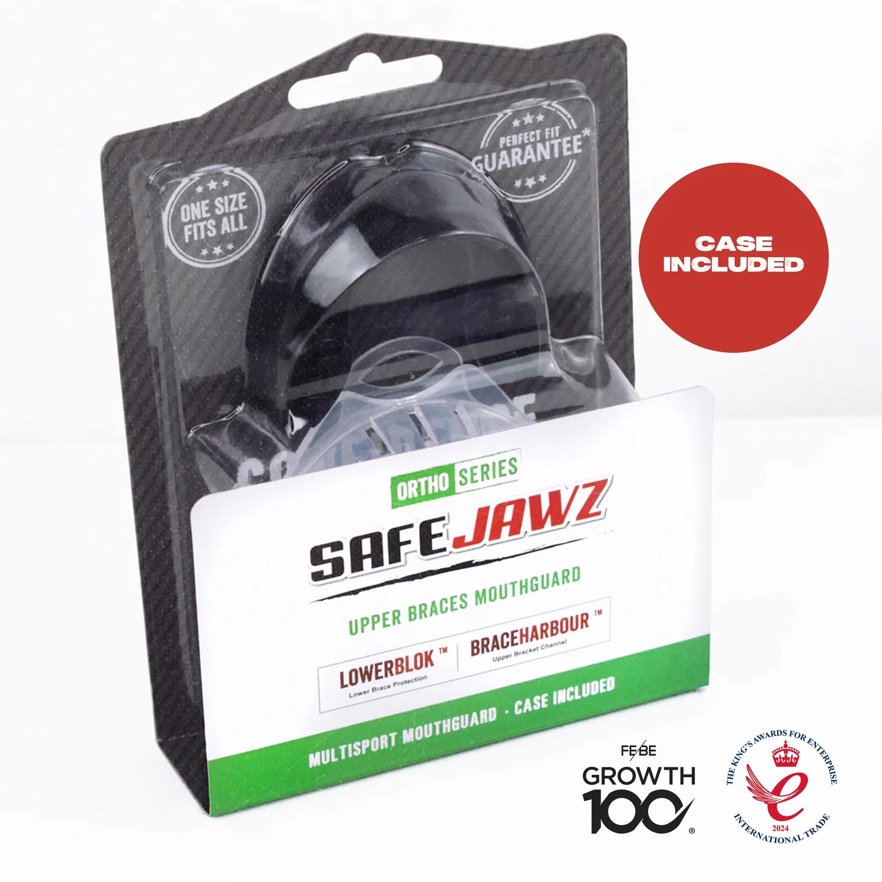 Black Ortho Series braces mouthguard displayed with its protective storage case for hygiene and safety.