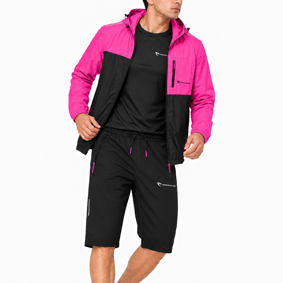 RingMaster 3 piece windbreaker T-shirt and shorts set in Black Pink shown as a full outfit