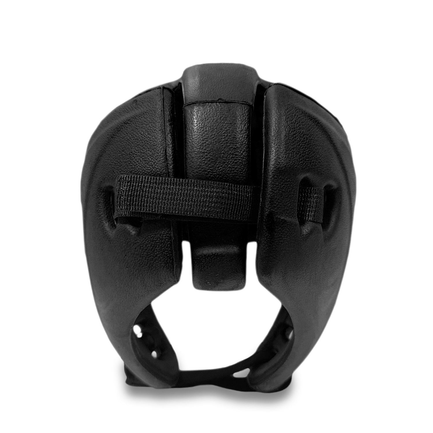 elastic and Velcro rear strap on black RingMaster Sports headguard ensuring stability.