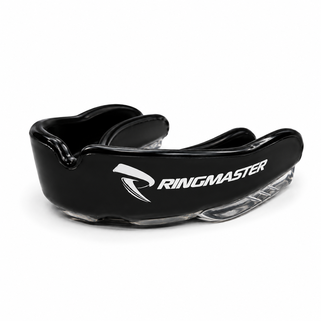 Side profile of RingMaster black dual-layer boxing mouthguard showing ergonomic shape