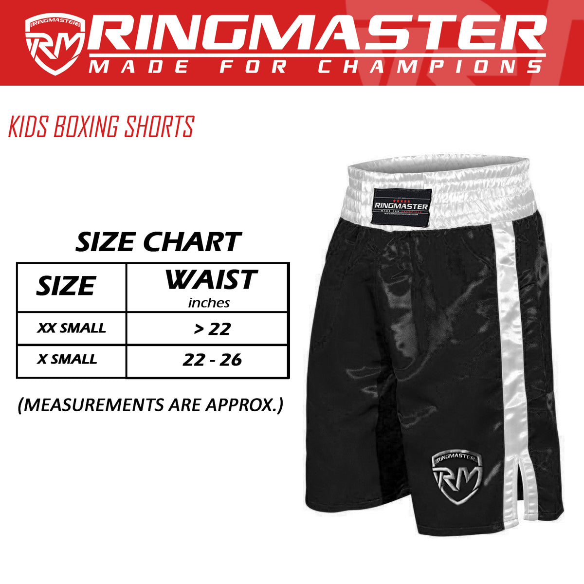 Black RingMaster Sports kids boxing shorts in 100% satin