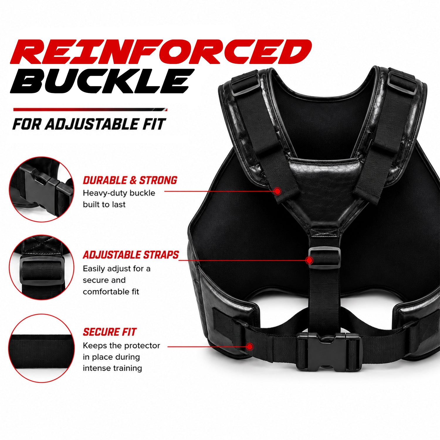 Close-up of reinforced buckle closure on RingMaster body protector